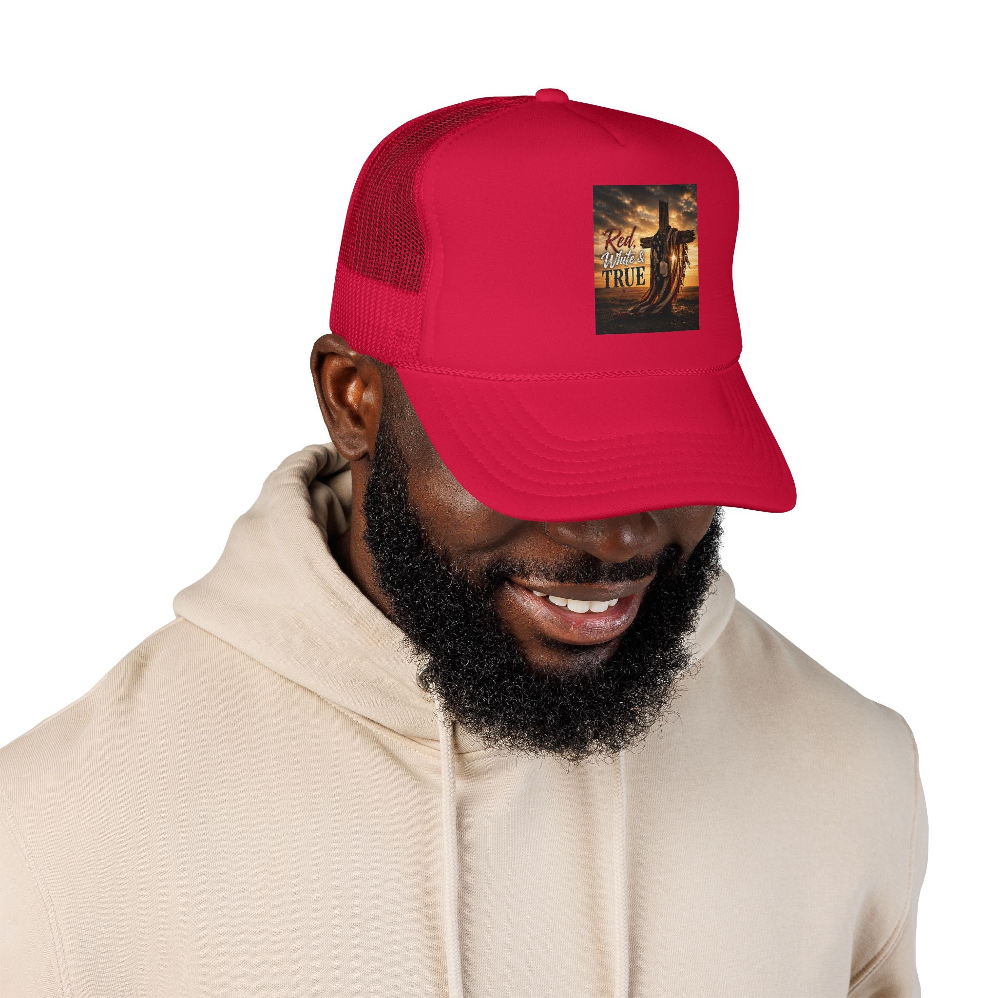 Trucker Hat — "God Made A Farmer" Cross Sunset Foam Trucker Hat