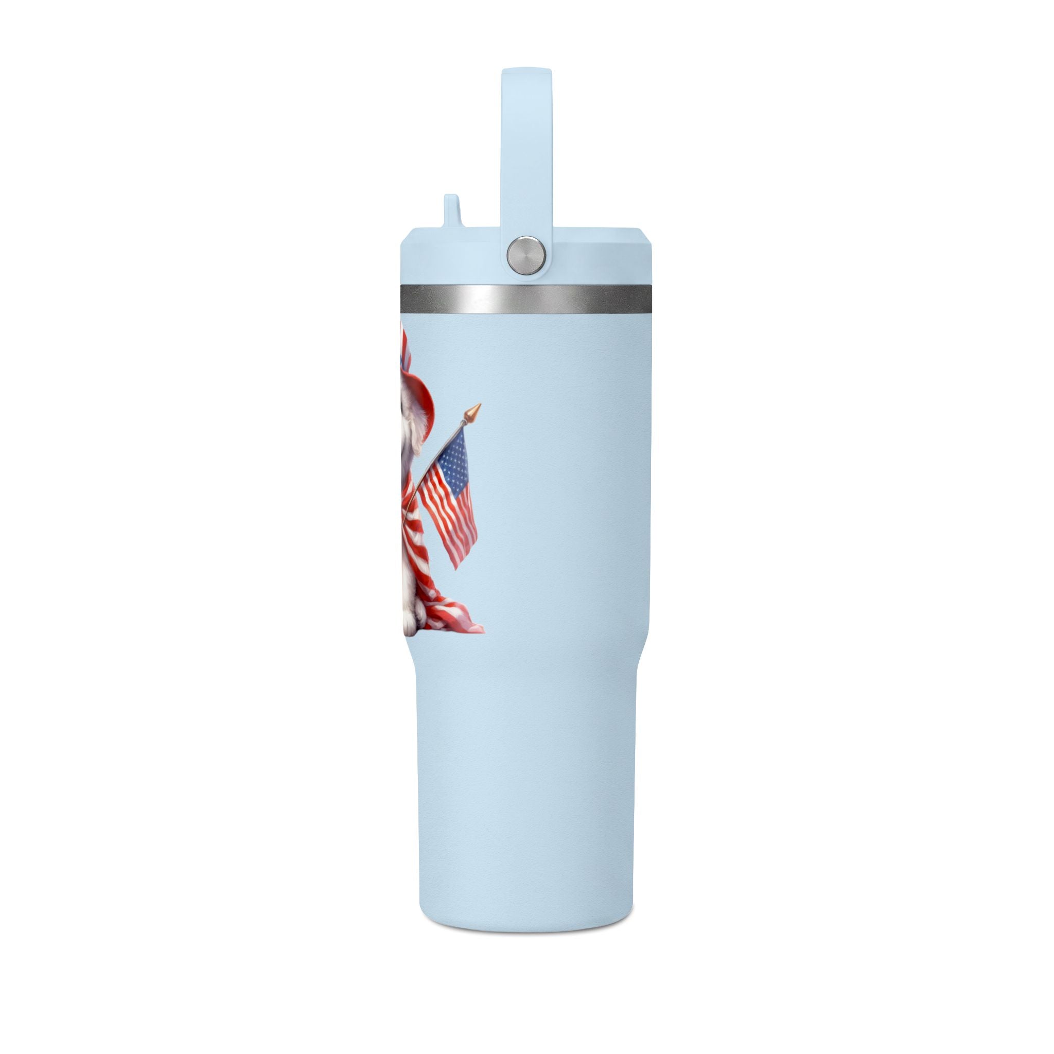 Patriotic Pup Tumbler — 32oz Insulated Travel Cup with American Flag Dog Design