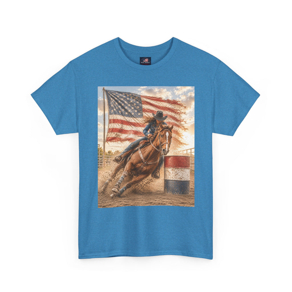 Patriotic Rodeo Barrel Racer T-Shirt — American Flag Horse Racing Tee