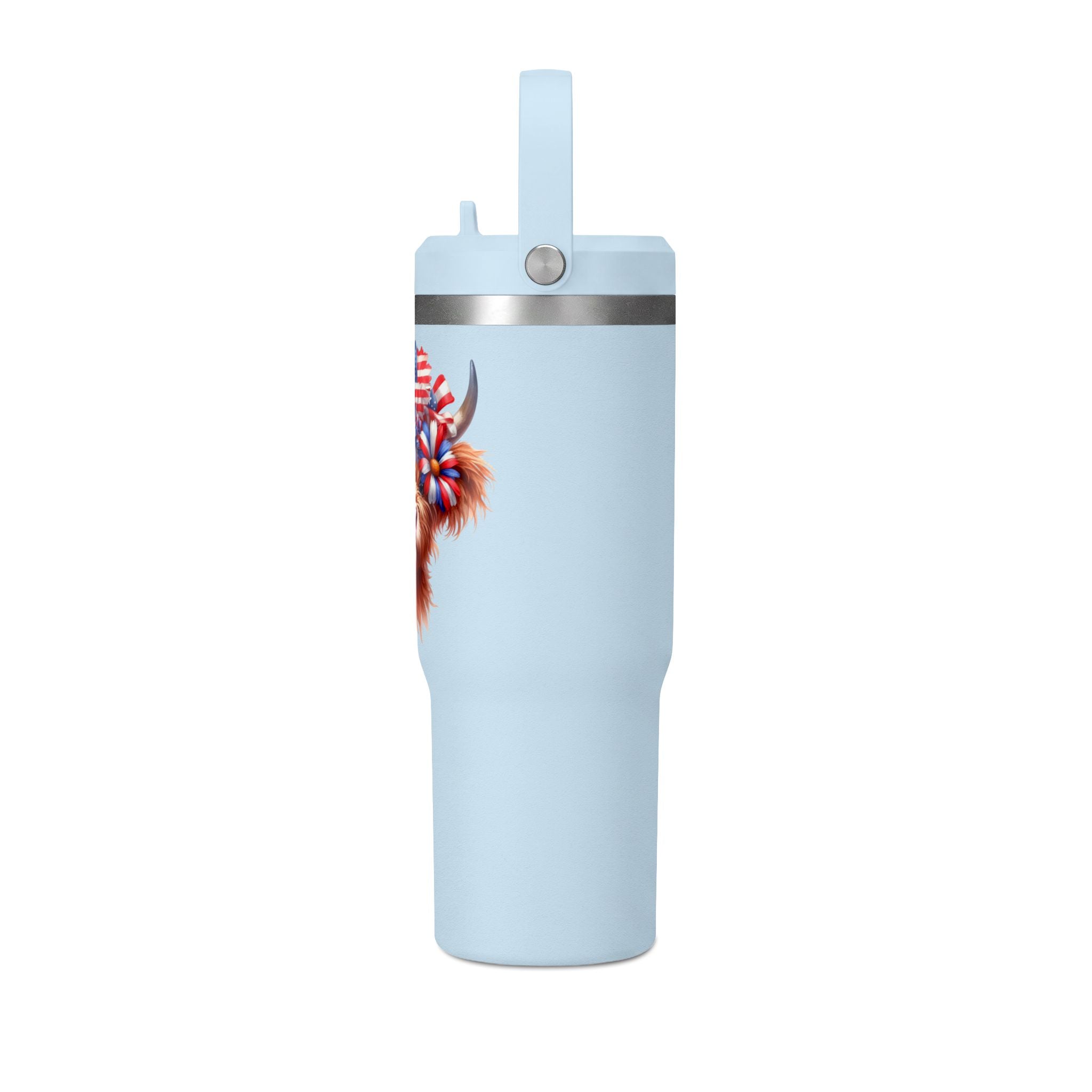 Patriotic Highland Cow 32oz Tumbler – Insulated Travel Mug with American Flag Floral Design