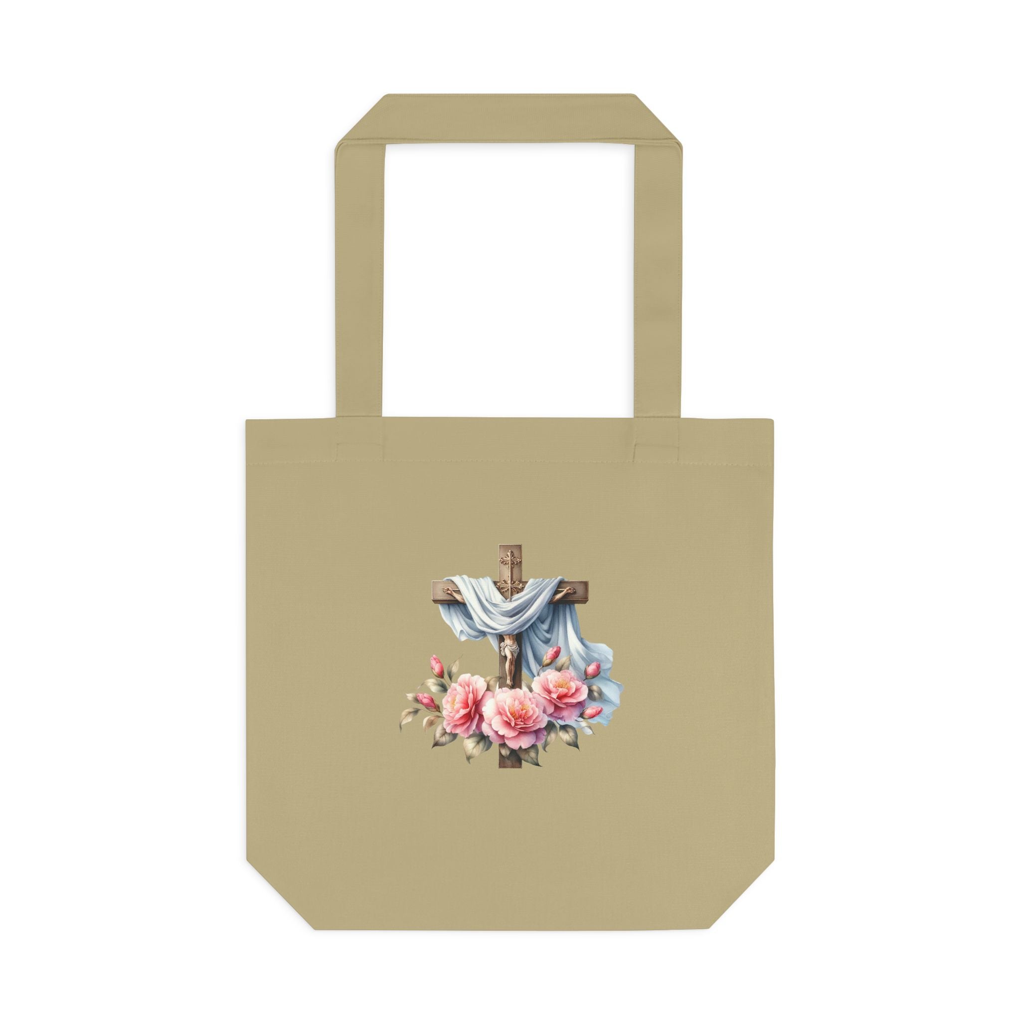 Religious Cross & Roses Cotton Tote Bag — Faith Floral Market Bag