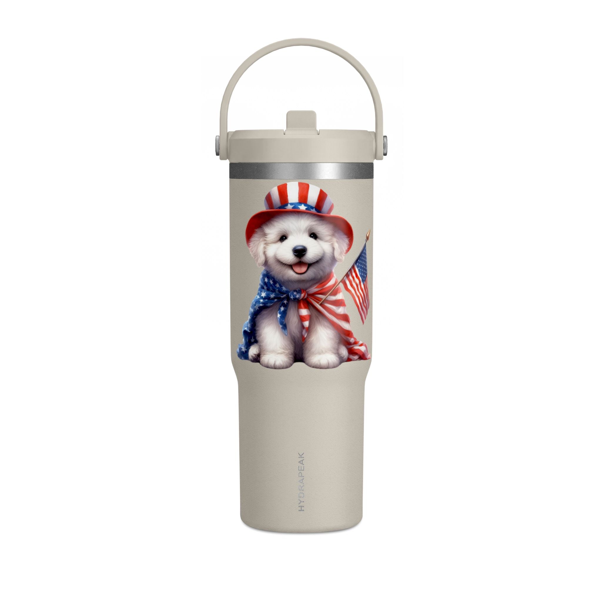 Patriotic Pup Tumbler — 32oz Insulated Travel Cup with American Flag Dog Design
