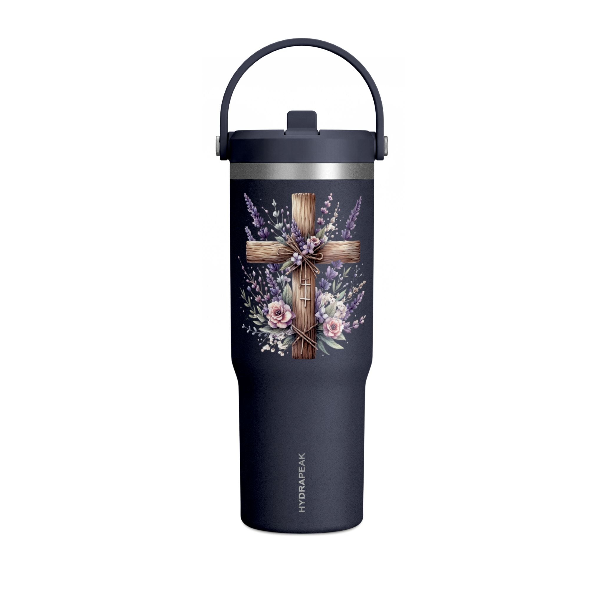 32oz Tumbler with Floral Cross Design — Christian Hydration Bottle | Lavender & Rose Nomad Tumbler