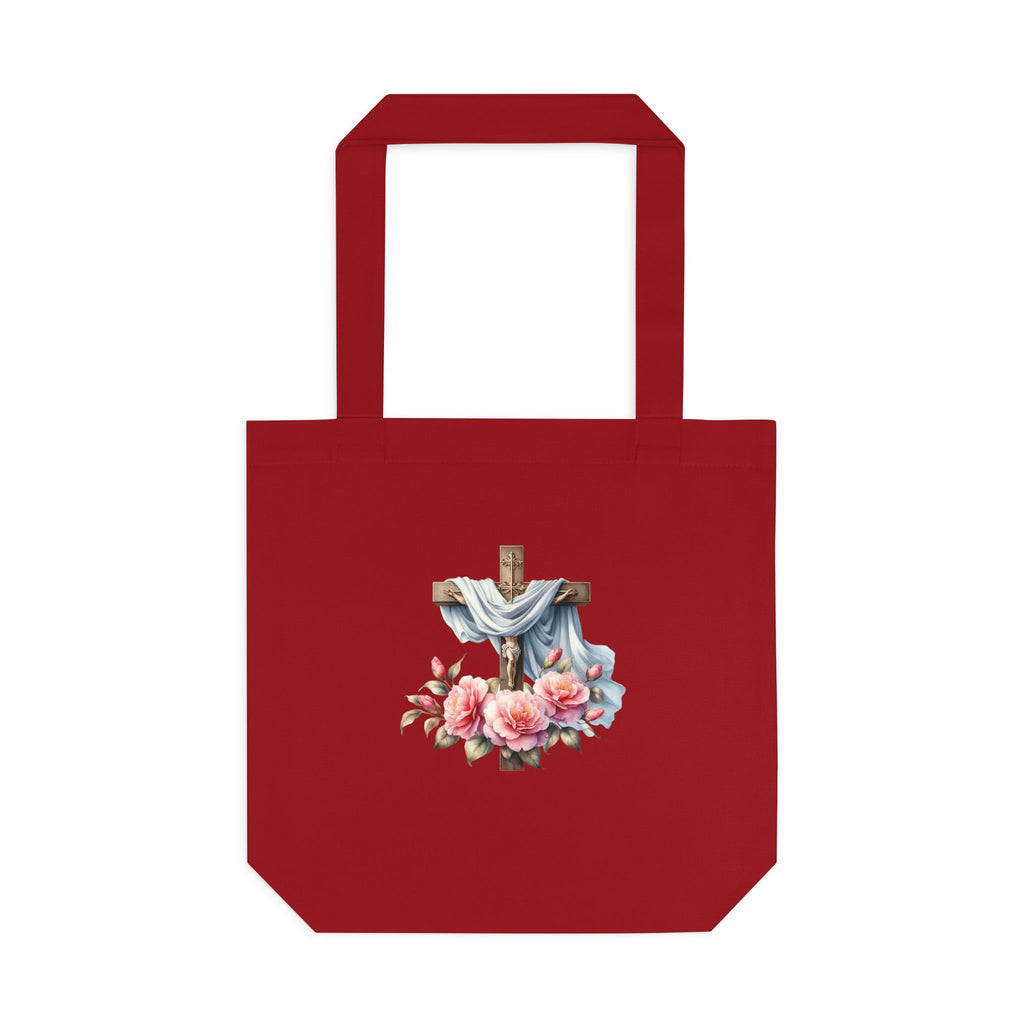 Religious Cross & Roses Cotton Tote Bag — Faith Floral Market Bag