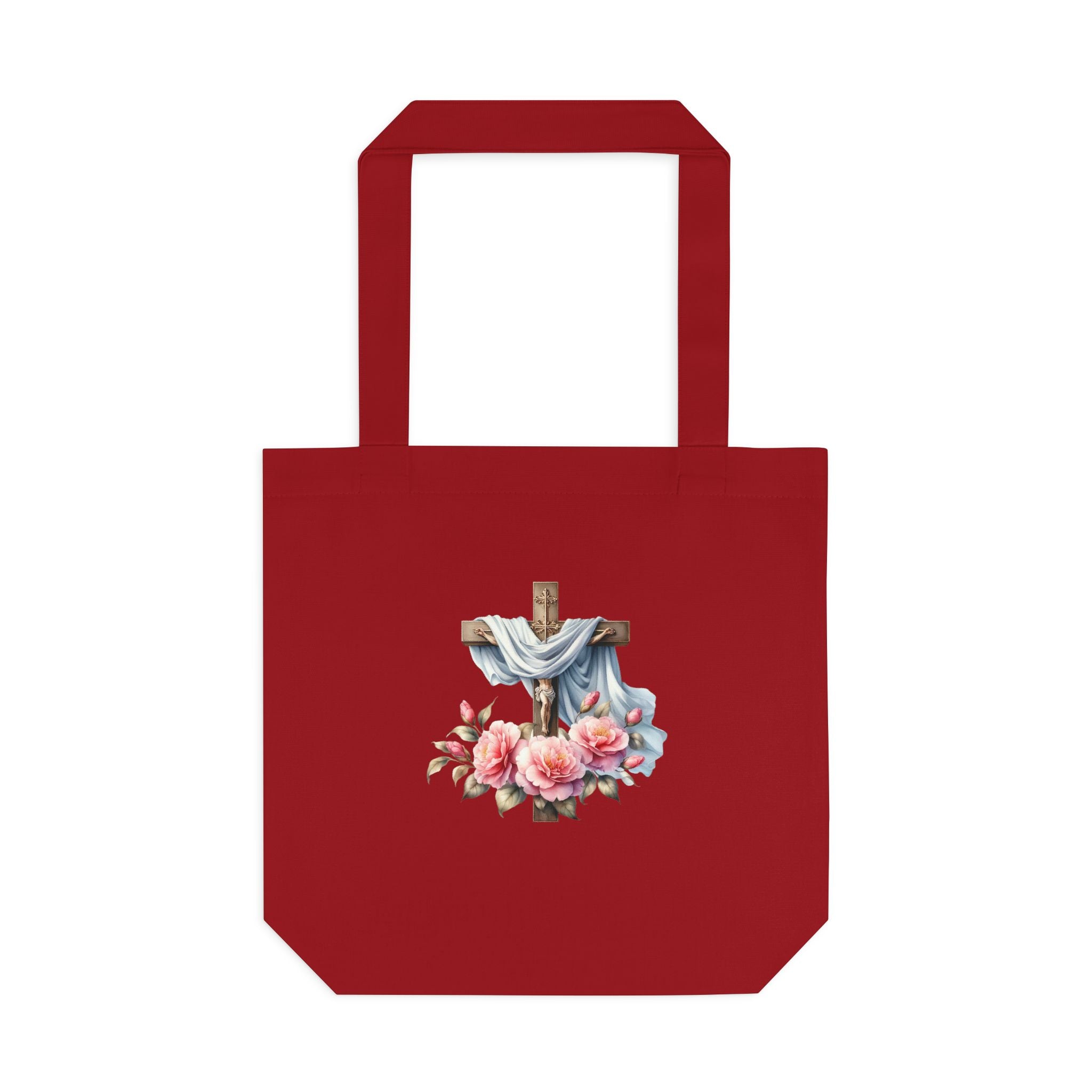 Religious Cross & Roses Cotton Tote Bag — Faith Floral Market Bag