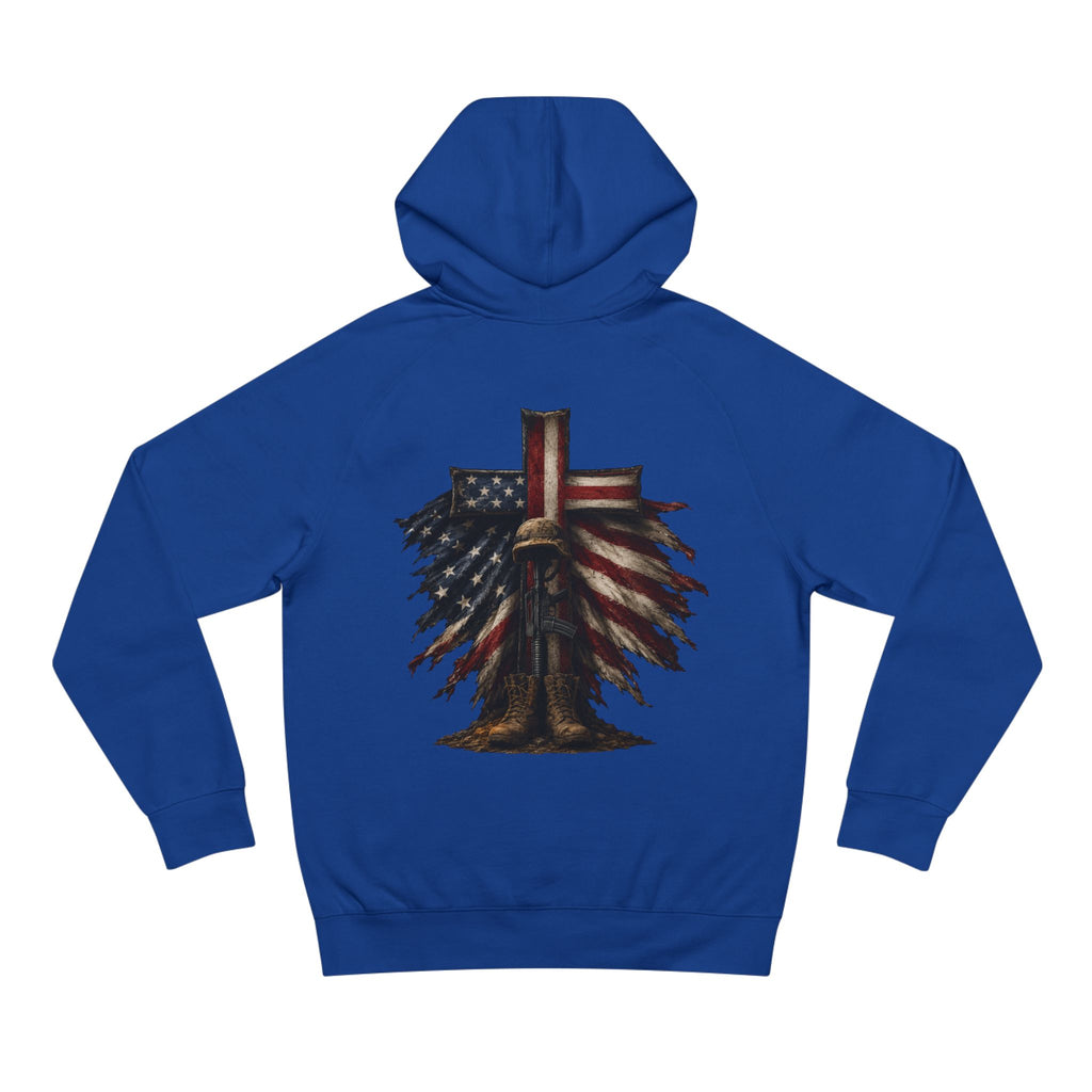 American Flag Cross Hoodie — Patriotic Skull & Wings Back Graphic