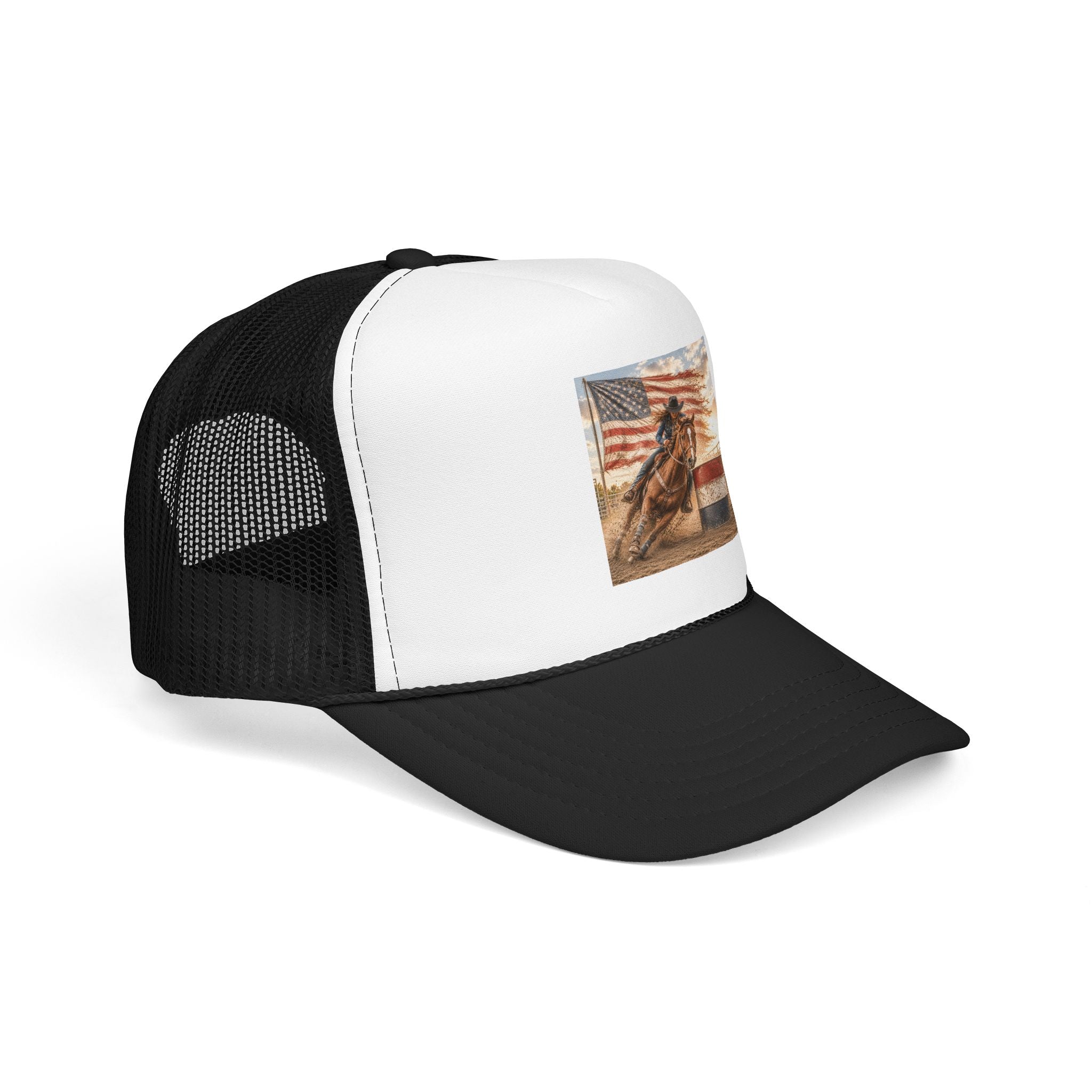 Western Rodeo Trucker Hat — Barrel Racing Horse with American Flag