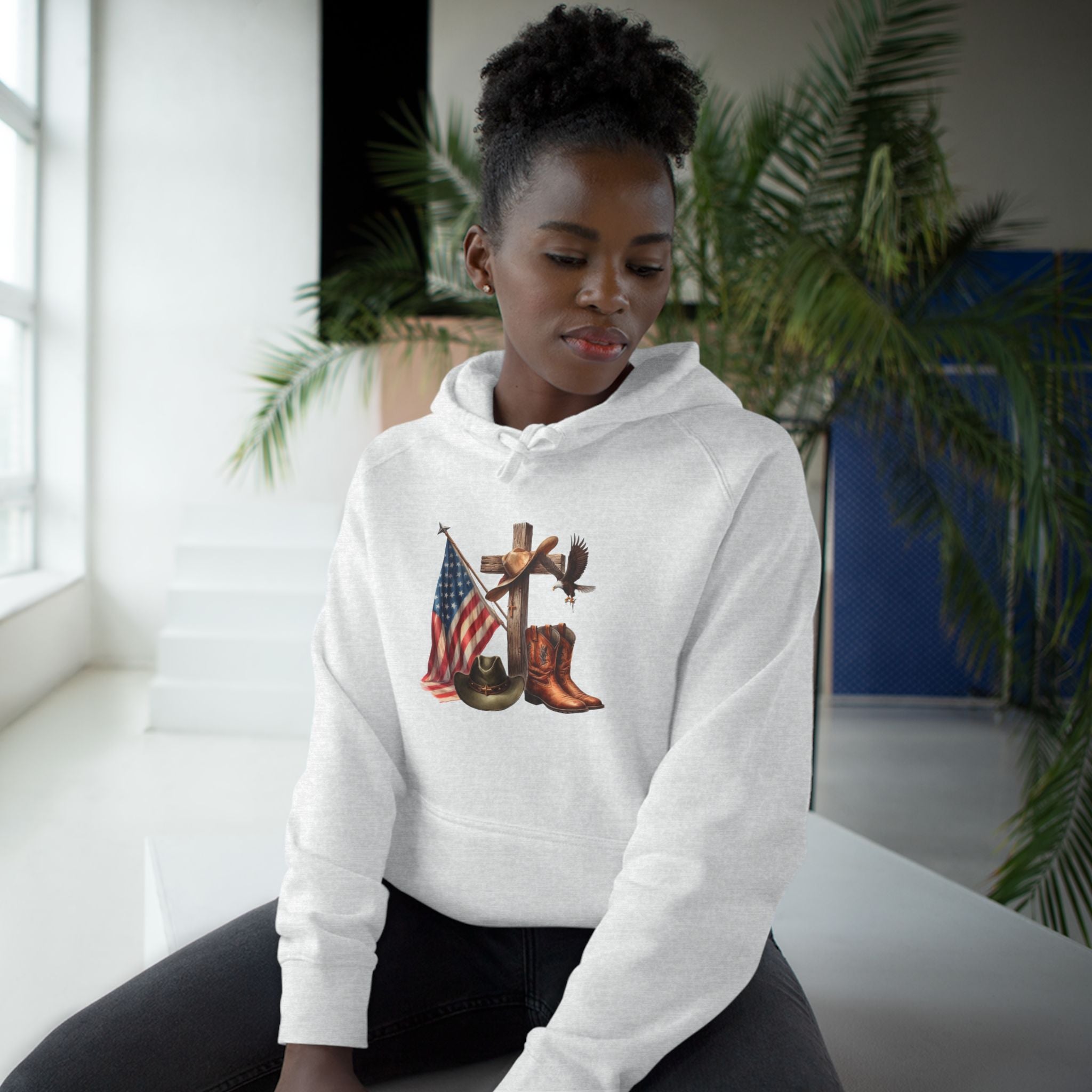 Patriotic Western Hoodie – American Flag, Cowboy Boots & Cross Graphic