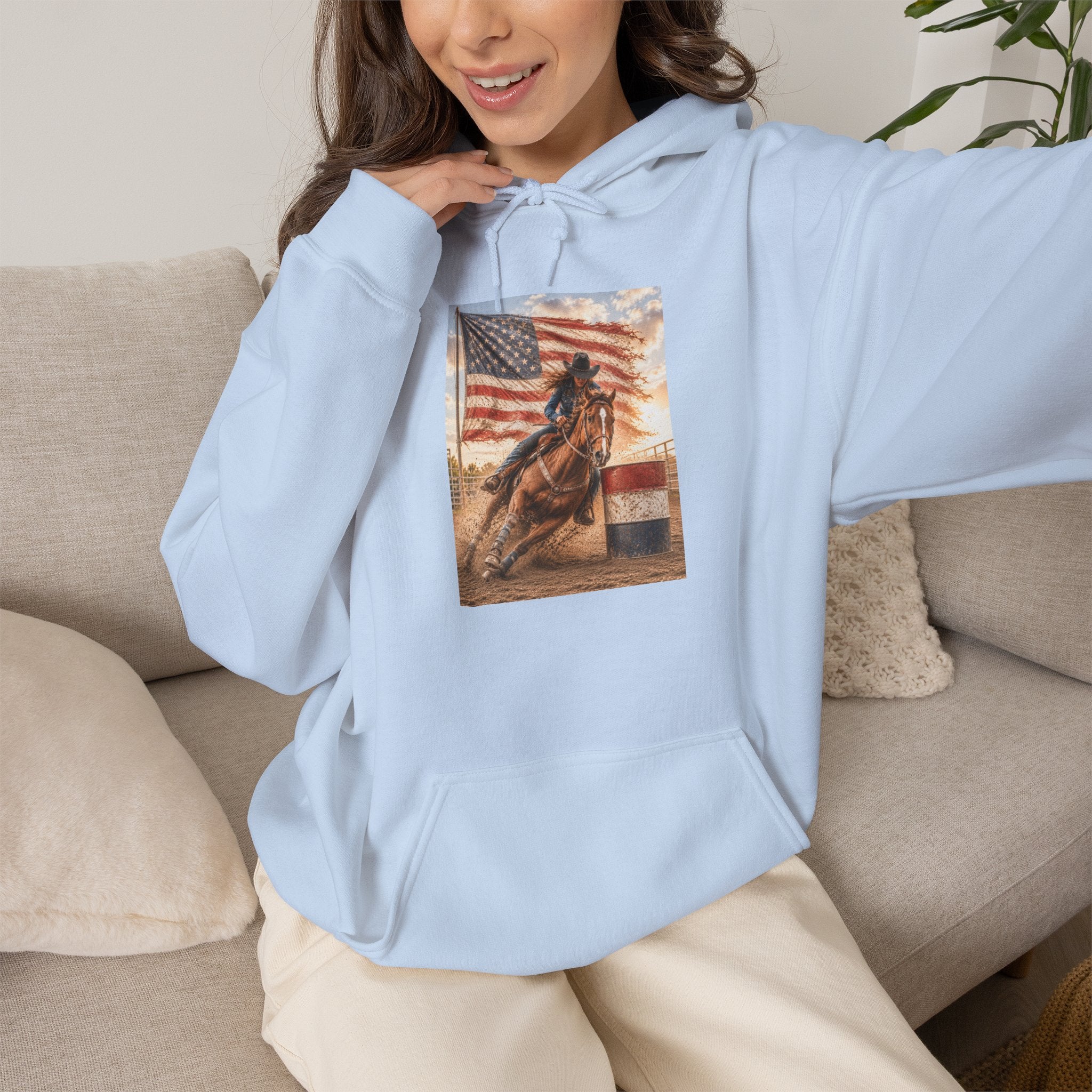 Patriotic Rodeo Horse Hoodie – American Flag Cowboy Pulled by Horse Pullover