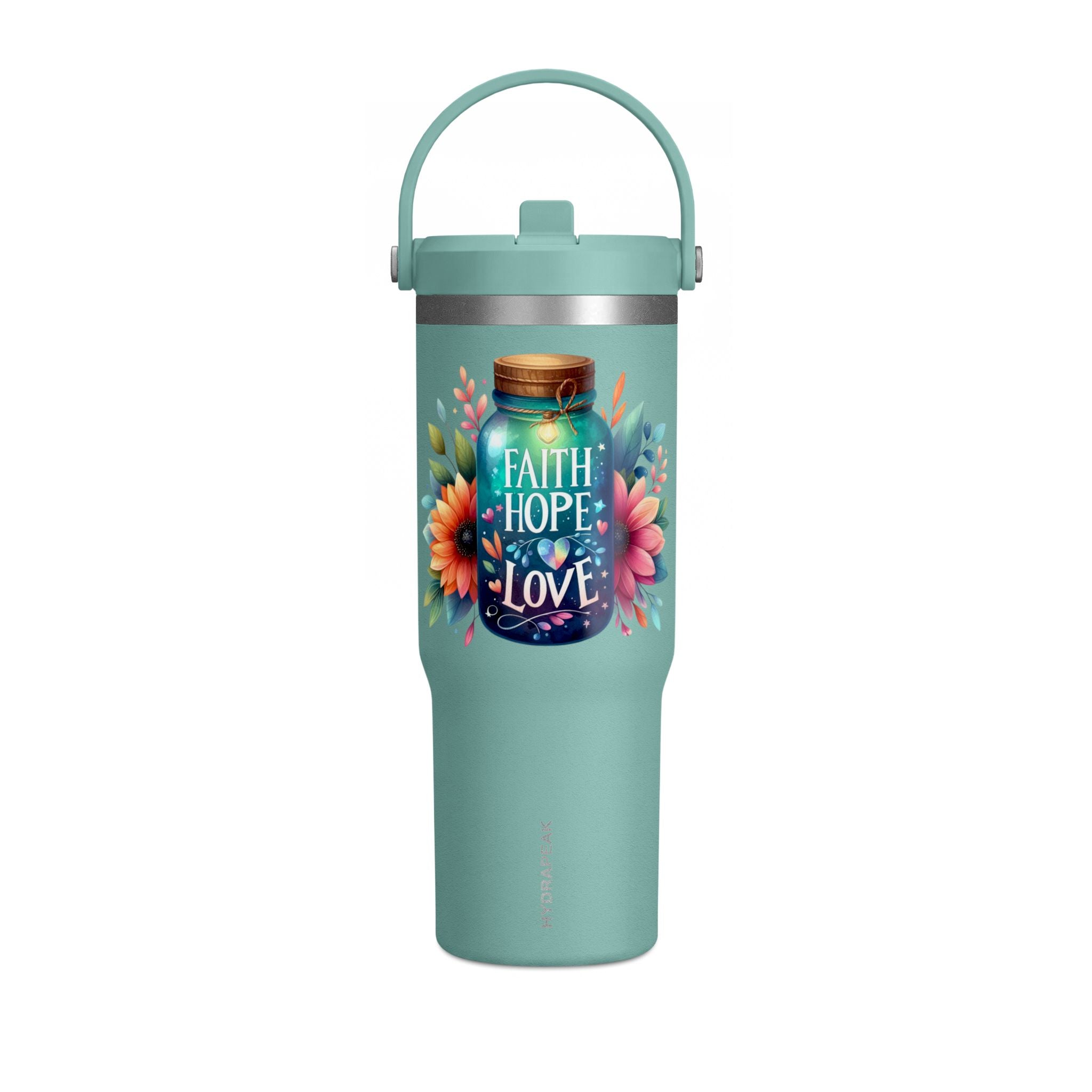 Faith Hope Love Tumbler — 32oz Insulated Travel Tumbler with Floral Jar Design