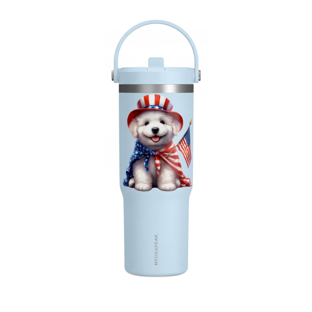 Patriotic Pup Tumbler — 32oz Insulated Travel Cup with American Flag Dog Design
