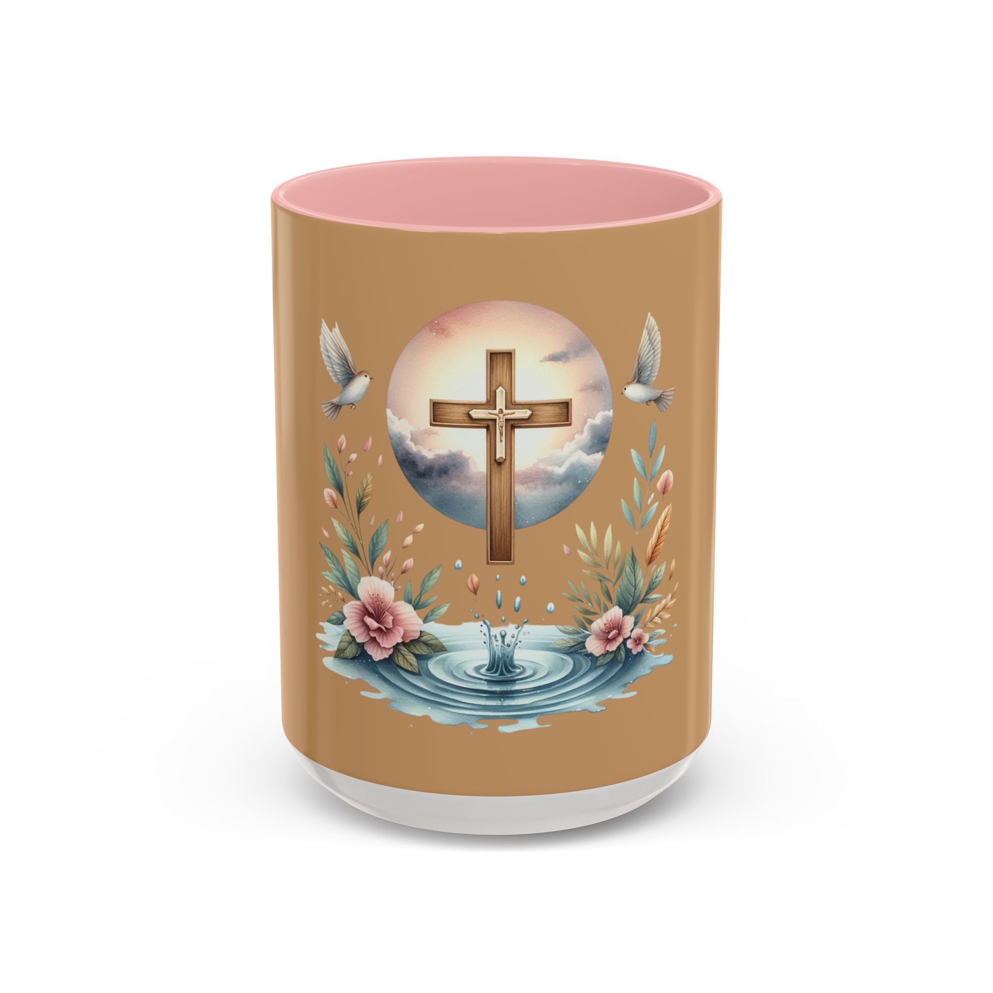 Christian Cross Accent Coffee Mug — Faith, Doves & Floral Baptism Gift (11/15oz)