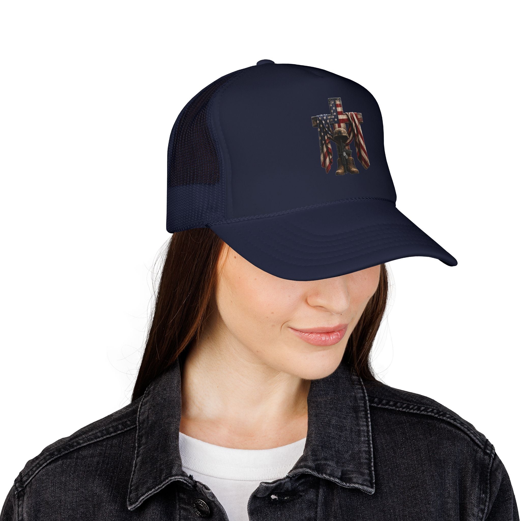 Trucker Hat — American Flag Cross with Soldier Memorial Design