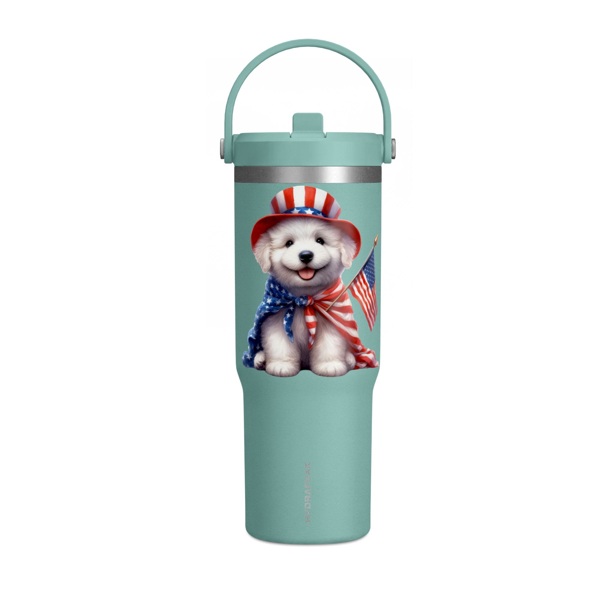 Patriotic Pup Tumbler — 32oz Insulated Travel Cup with American Flag Dog Design