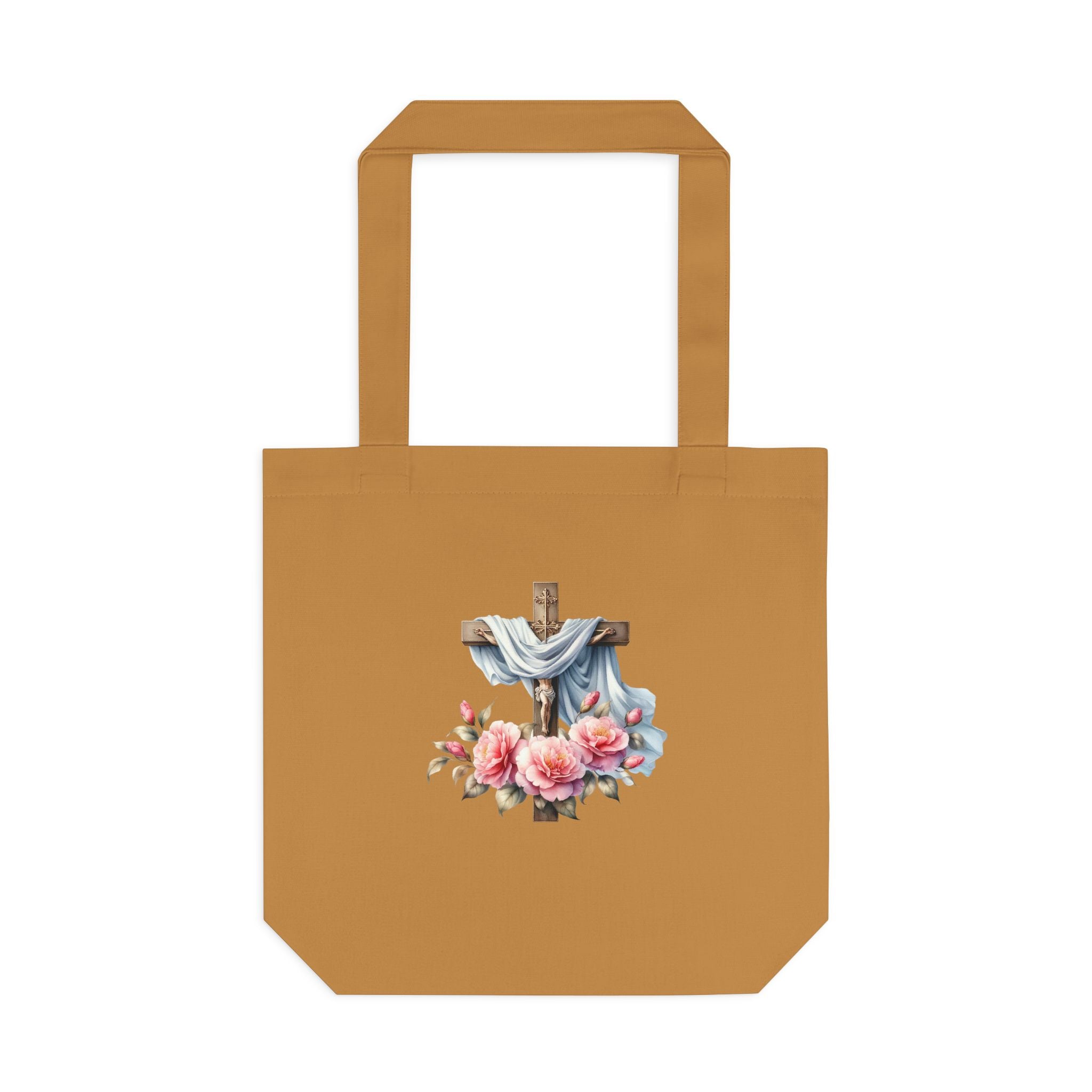 Religious Cross & Roses Cotton Tote Bag — Faith Floral Market Bag