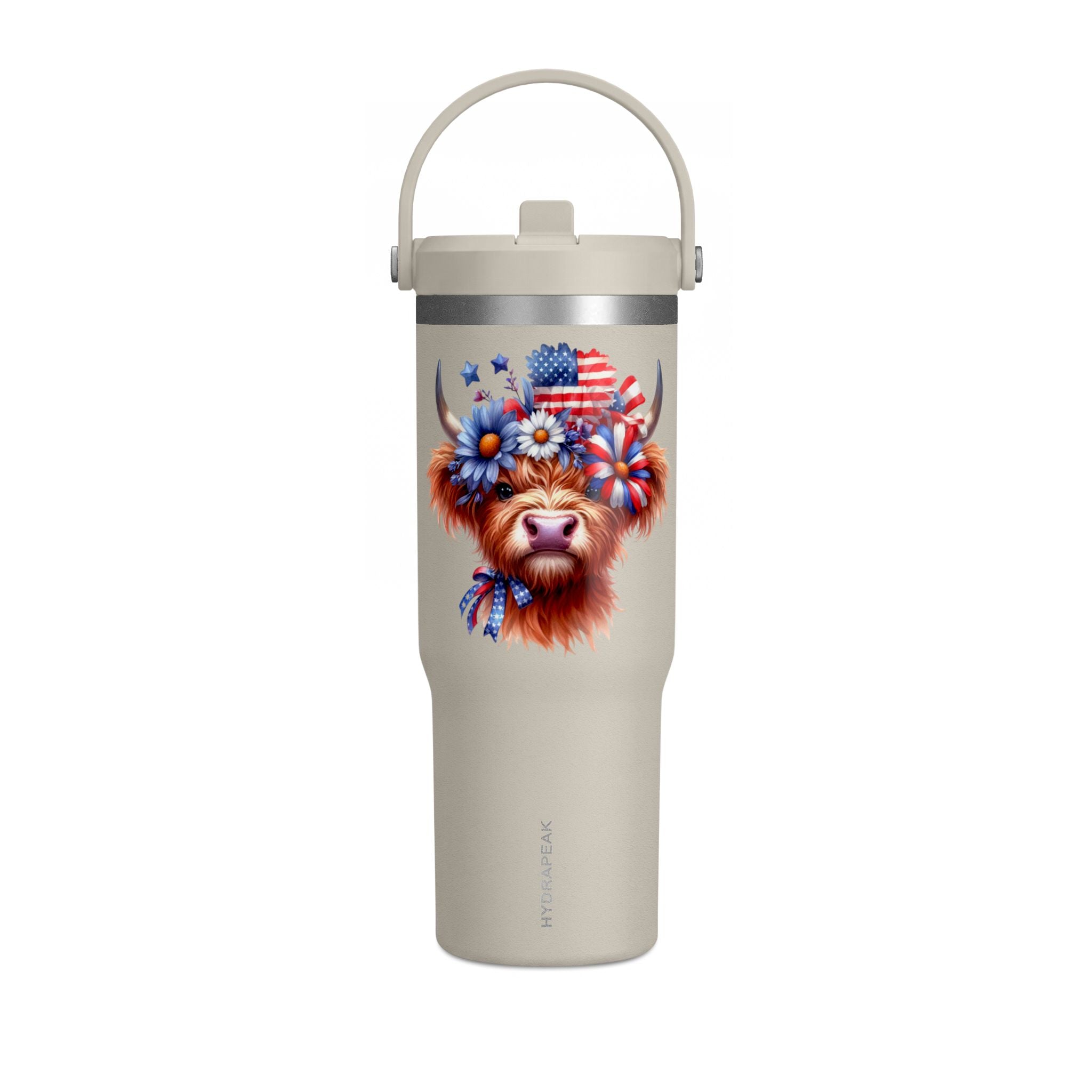 Patriotic Highland Cow 32oz Tumbler – Insulated Travel Mug with American Flag Floral Design