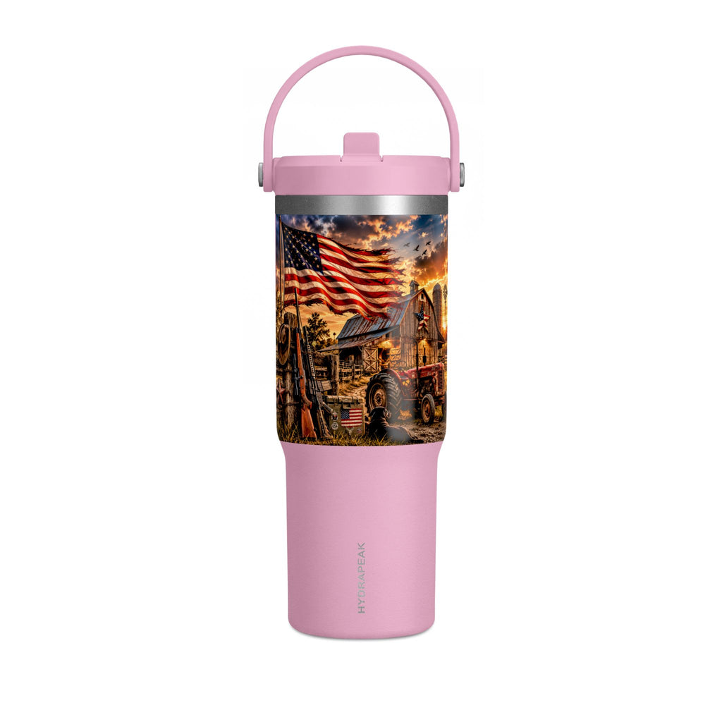 32oz Nomad Tumbler — Patriotic American Flag & Rustic Farm Scene Insulated Travel Mug