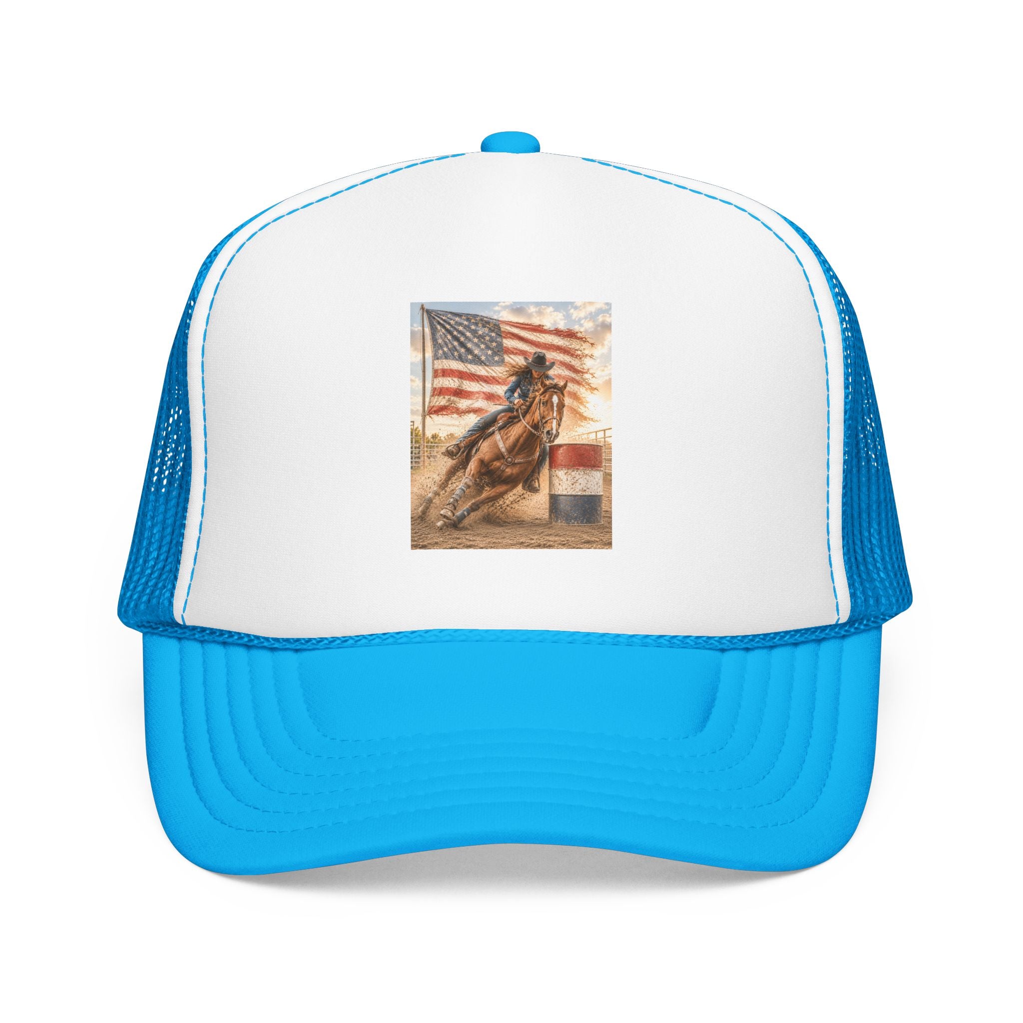 Western Rodeo Trucker Hat — Barrel Racing Horse with American Flag