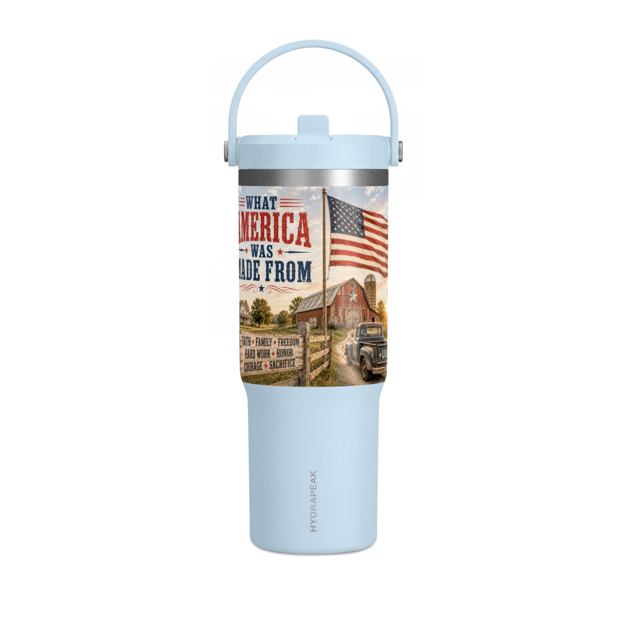 32oz Insulated Tumbler — Rustic 'What America Was Made From' Farm Flag Design