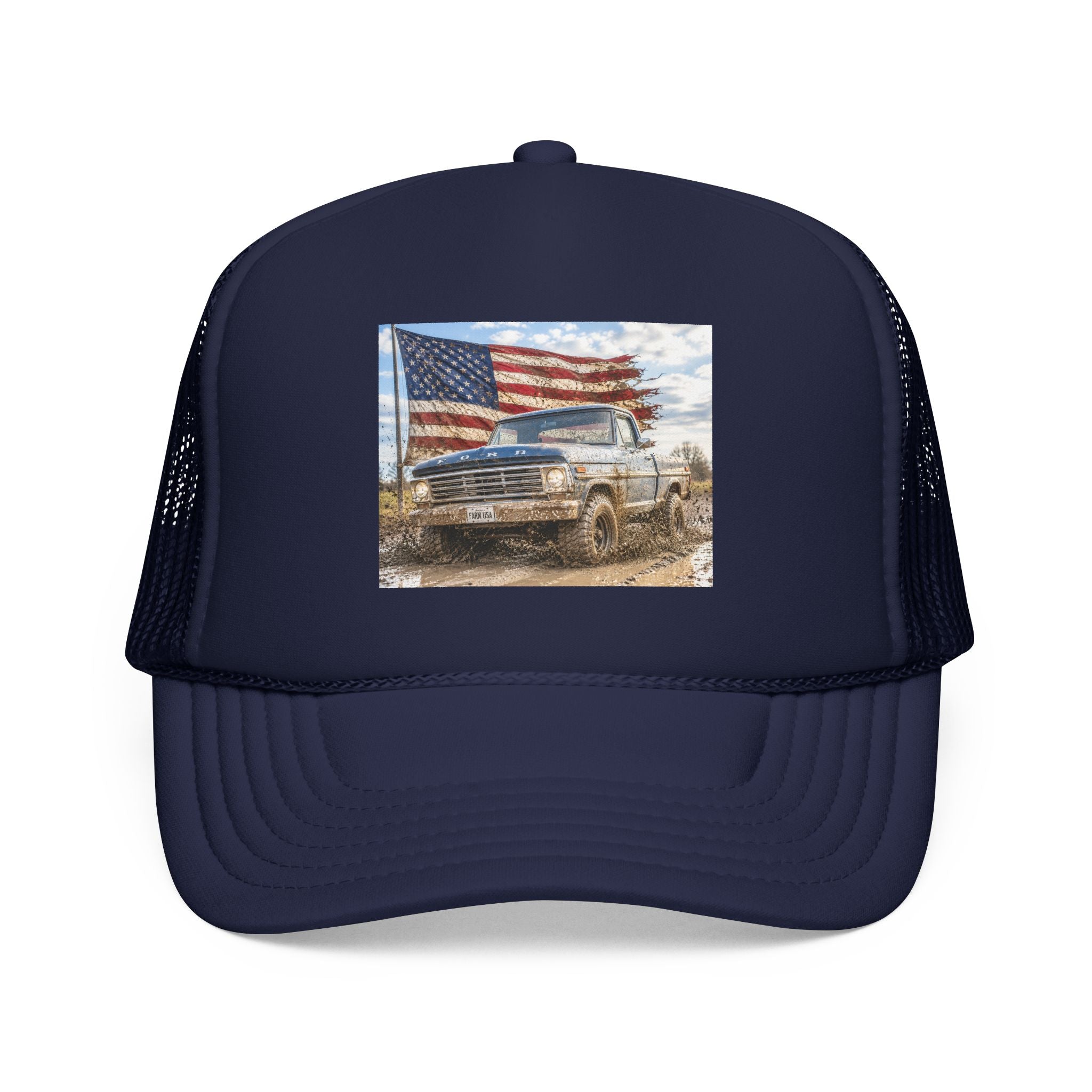 Patriotic Mud Truck Trucker Hat — American Flag Off-Road Foam Cap