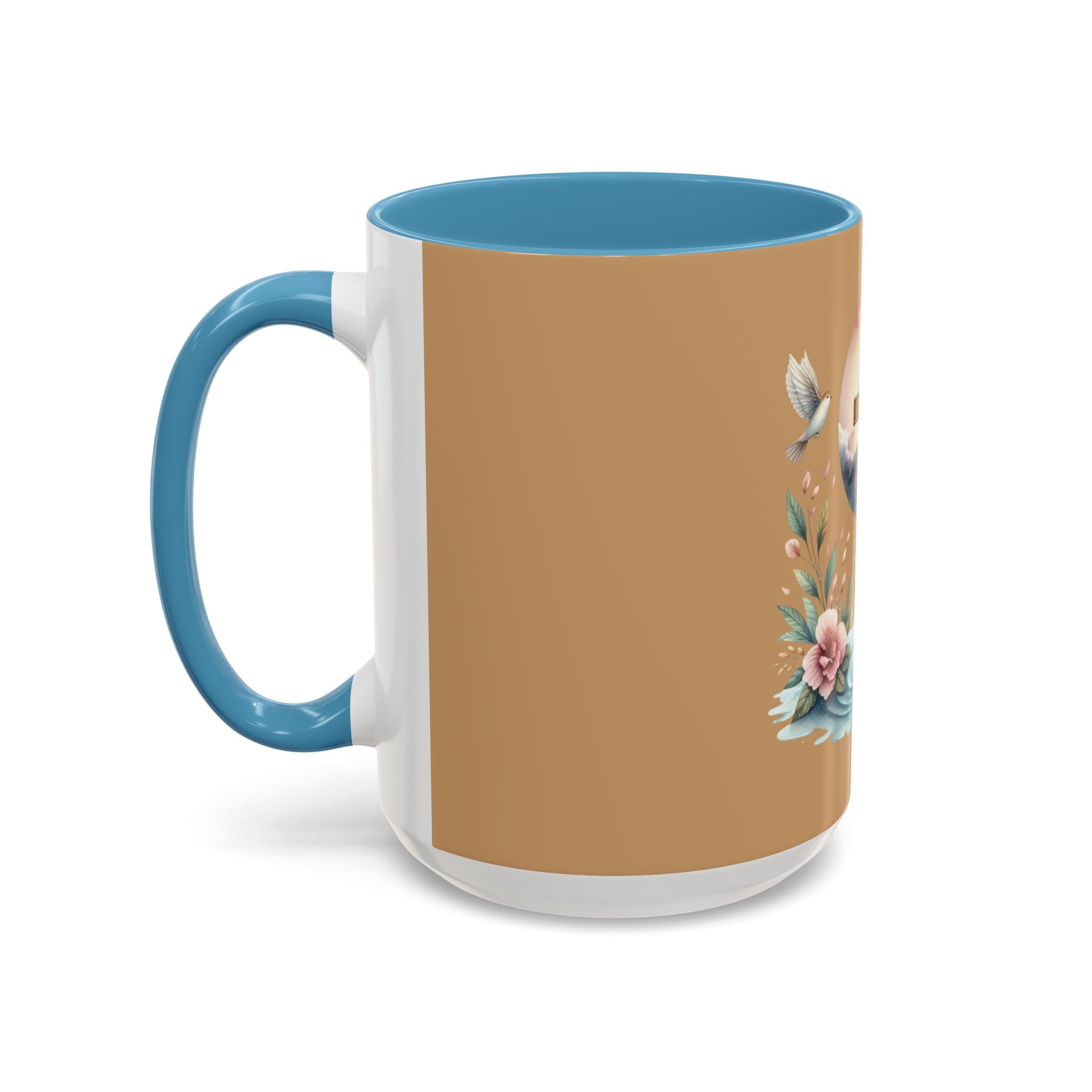 Christian Cross Accent Coffee Mug — Faith, Doves & Floral Baptism Gift (11/15oz)