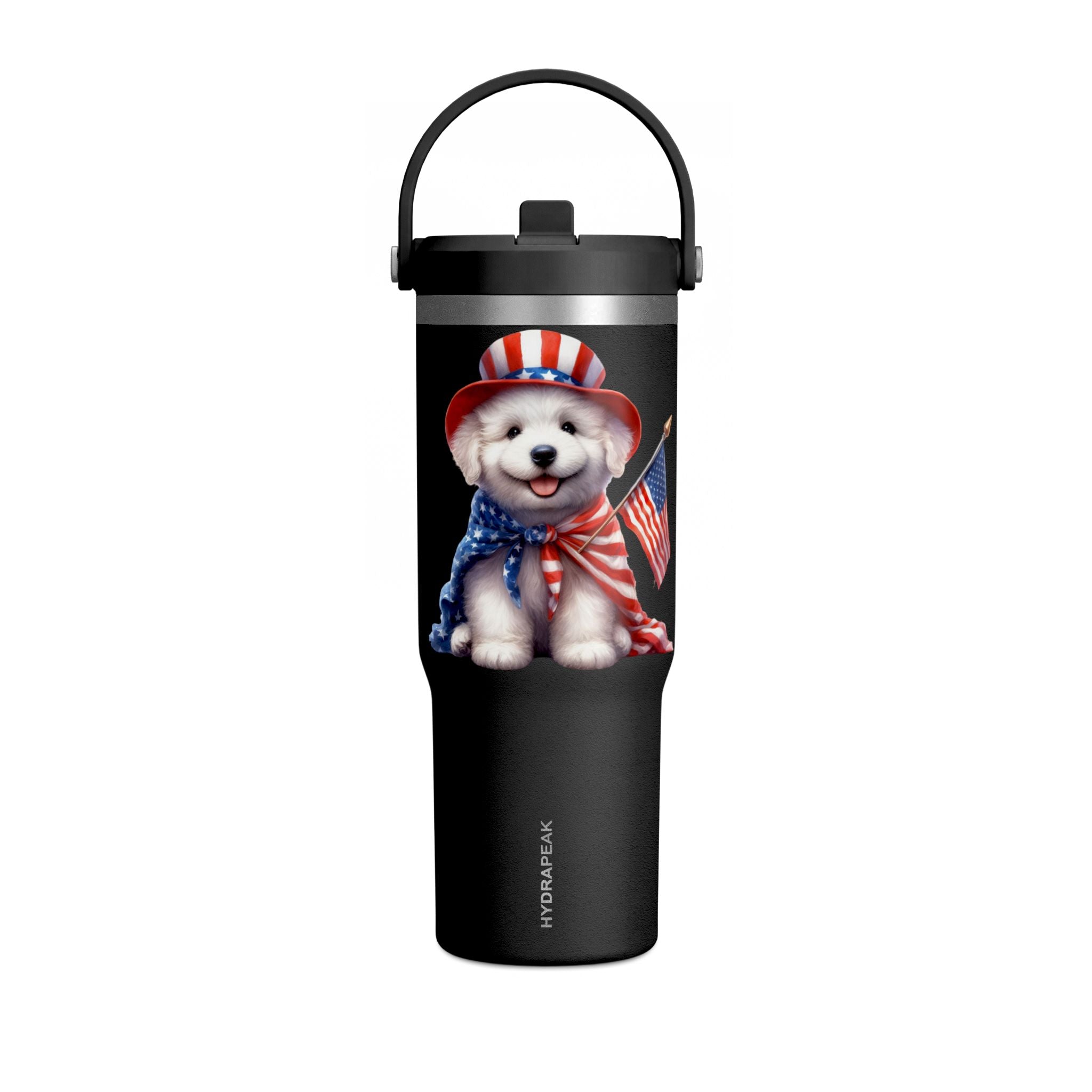 Patriotic Pup Tumbler — 32oz Insulated Travel Cup with American Flag Dog Design