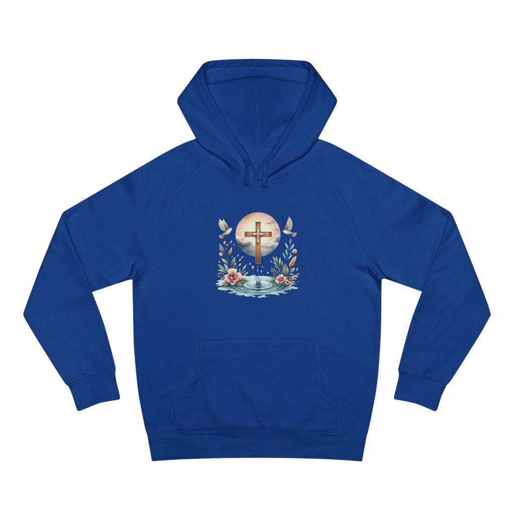 Christian Cross Floral Hoodie – Faith, Doves & Water Illustration