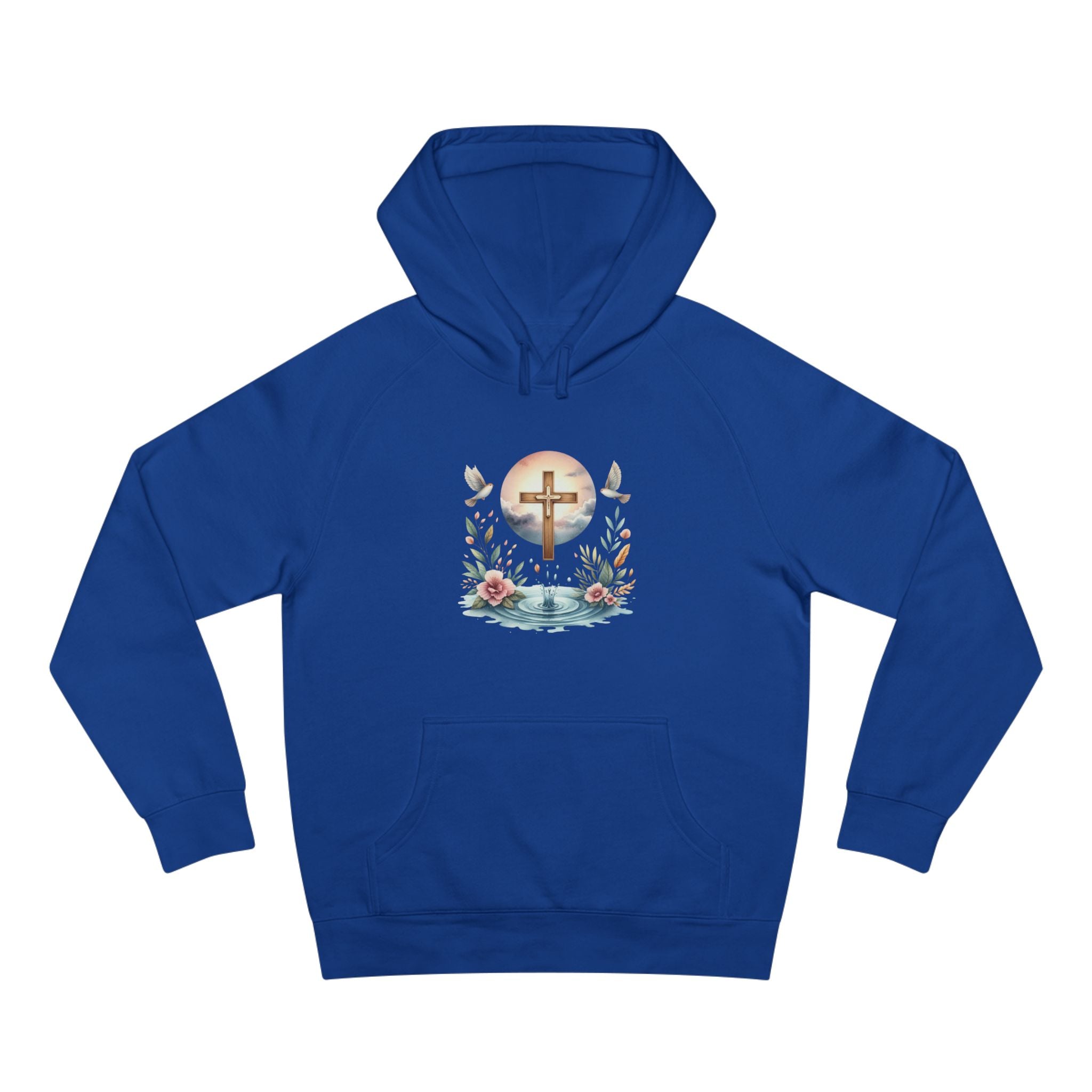 Christian Cross Floral Hoodie – Faith, Doves & Water Illustration