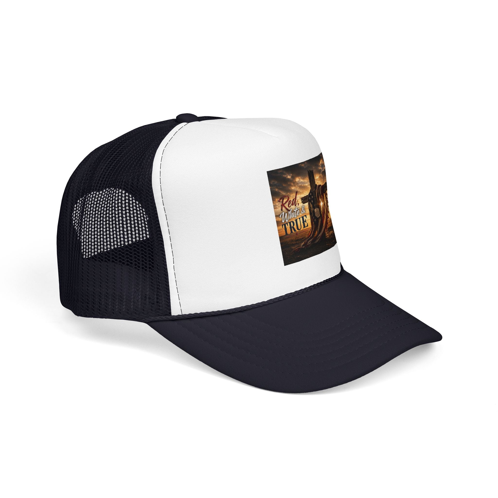 Trucker Hat — "God Made A Farmer" Cross Sunset Foam Trucker Hat