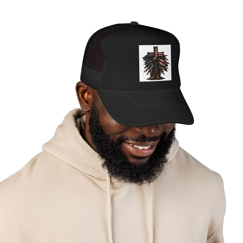 Patriotic Cross Trucker Hat — American Flag Feather Cross Foam Cap