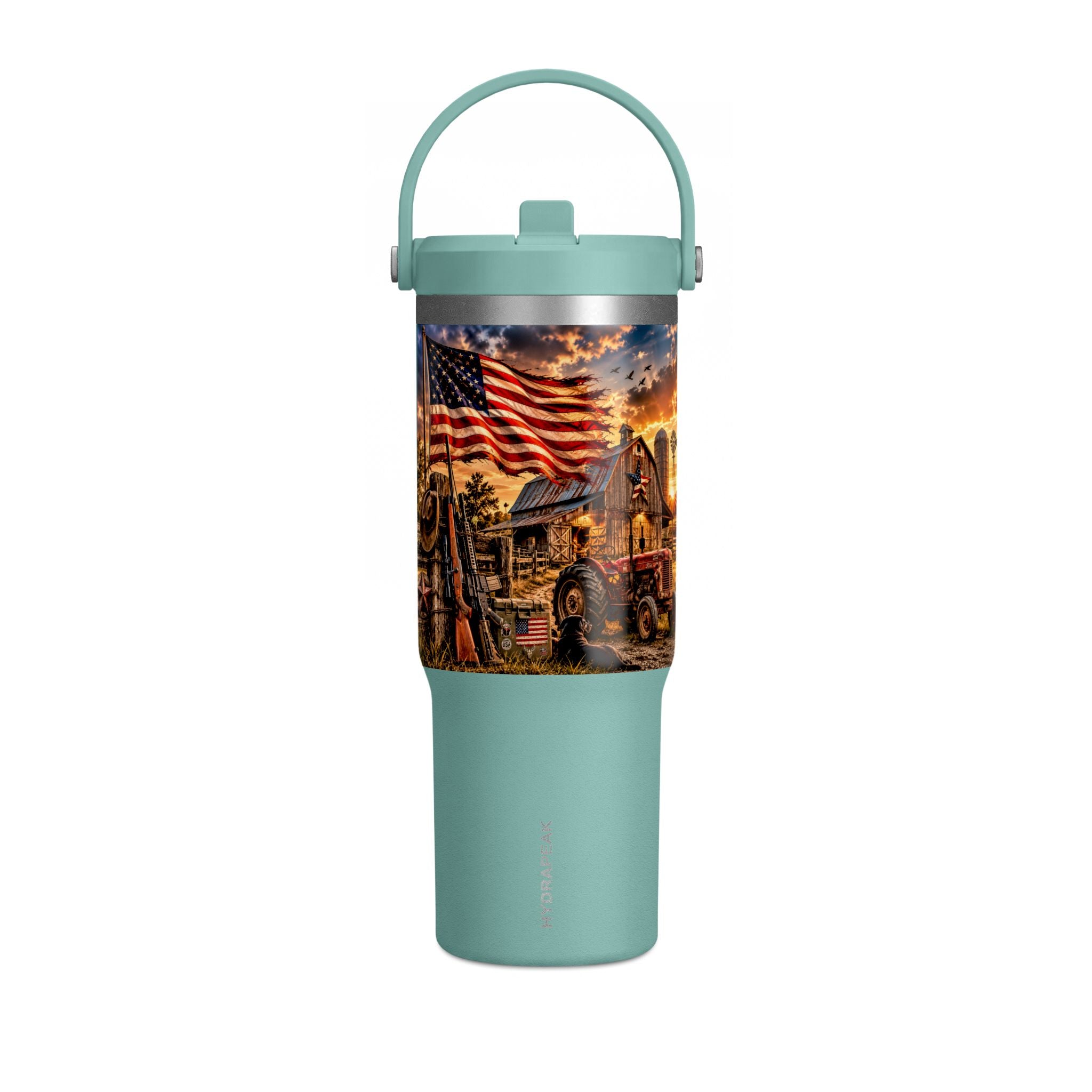 32oz Nomad Tumbler — Patriotic American Flag & Rustic Farm Scene Insulated Travel Mug