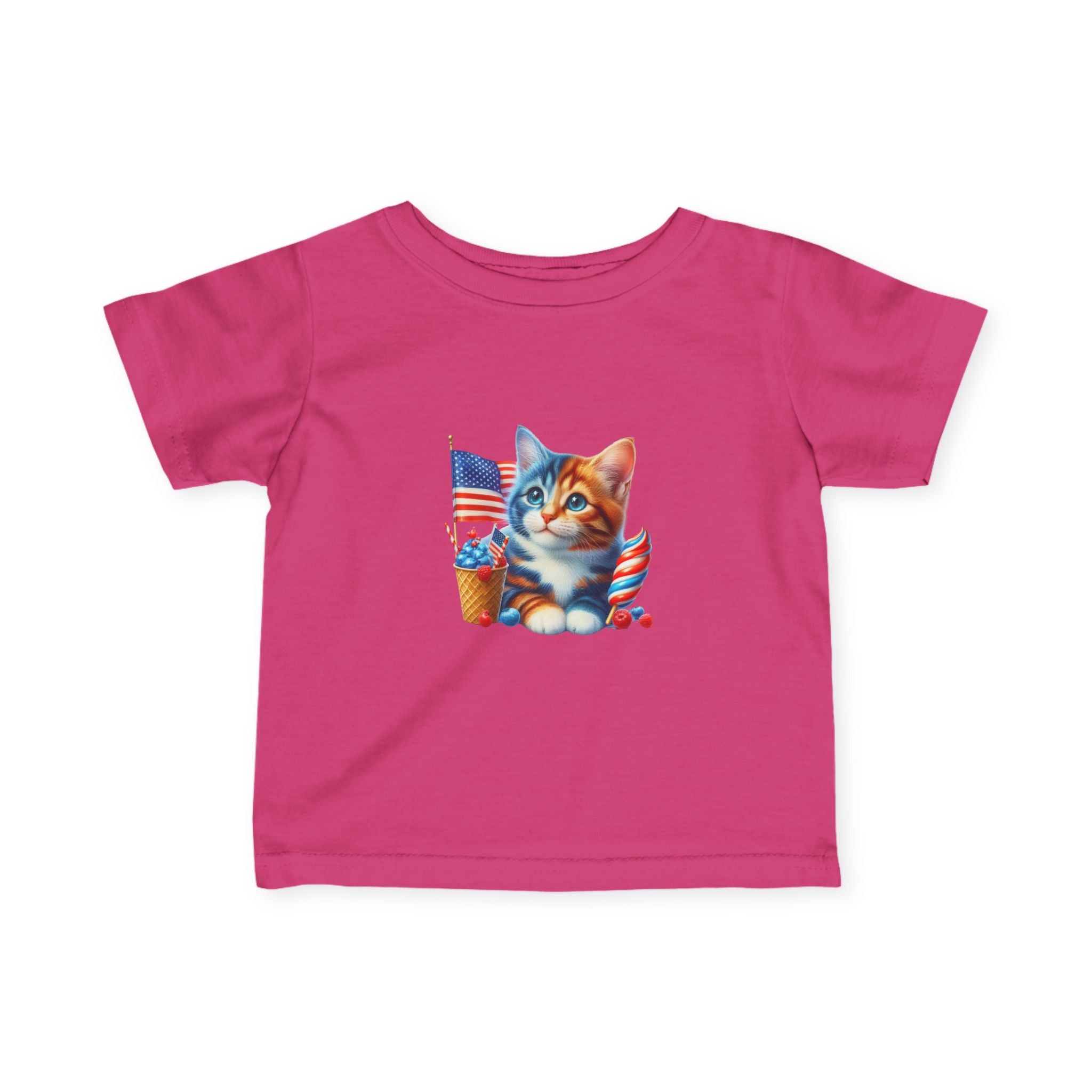 Infant Tee — Patriotic Kitten with Flags & Ice Cream (4th of July Baby Shirt)