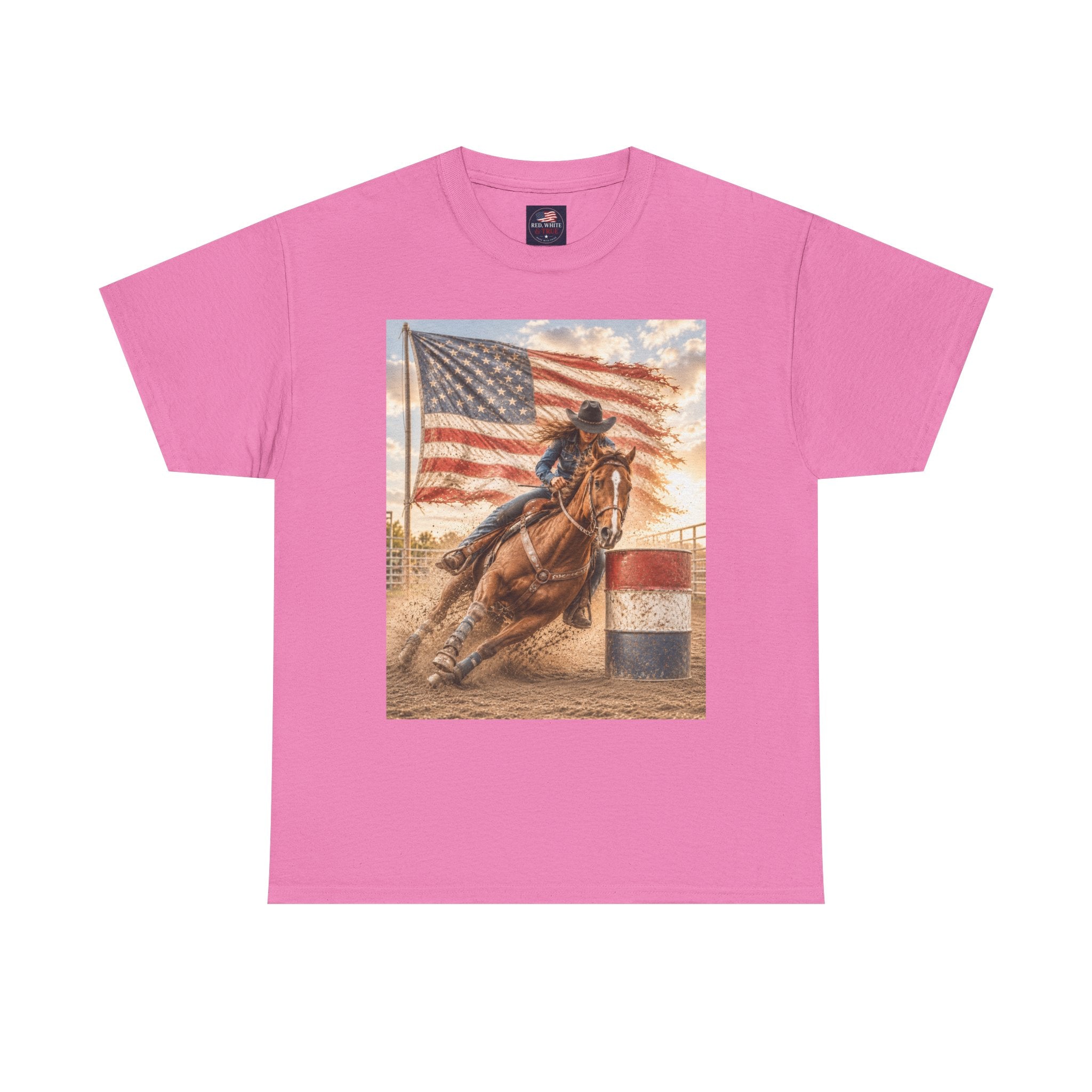 Patriotic Rodeo Barrel Racer T-Shirt — American Flag Horse Racing Tee