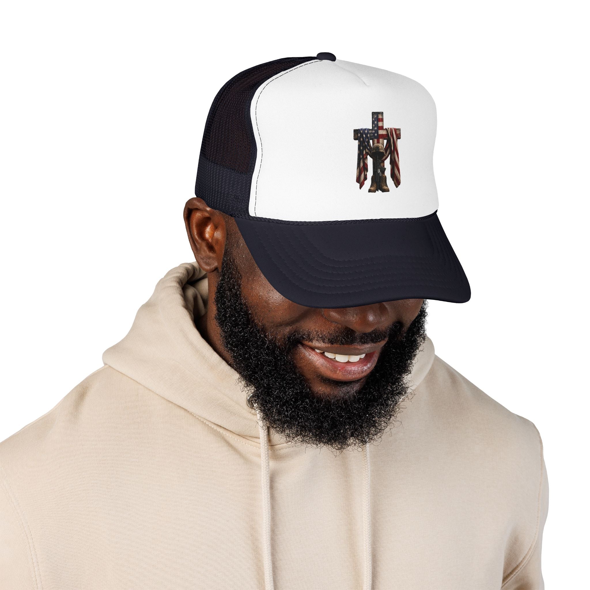 Trucker Hat — American Flag Cross with Soldier Memorial Design