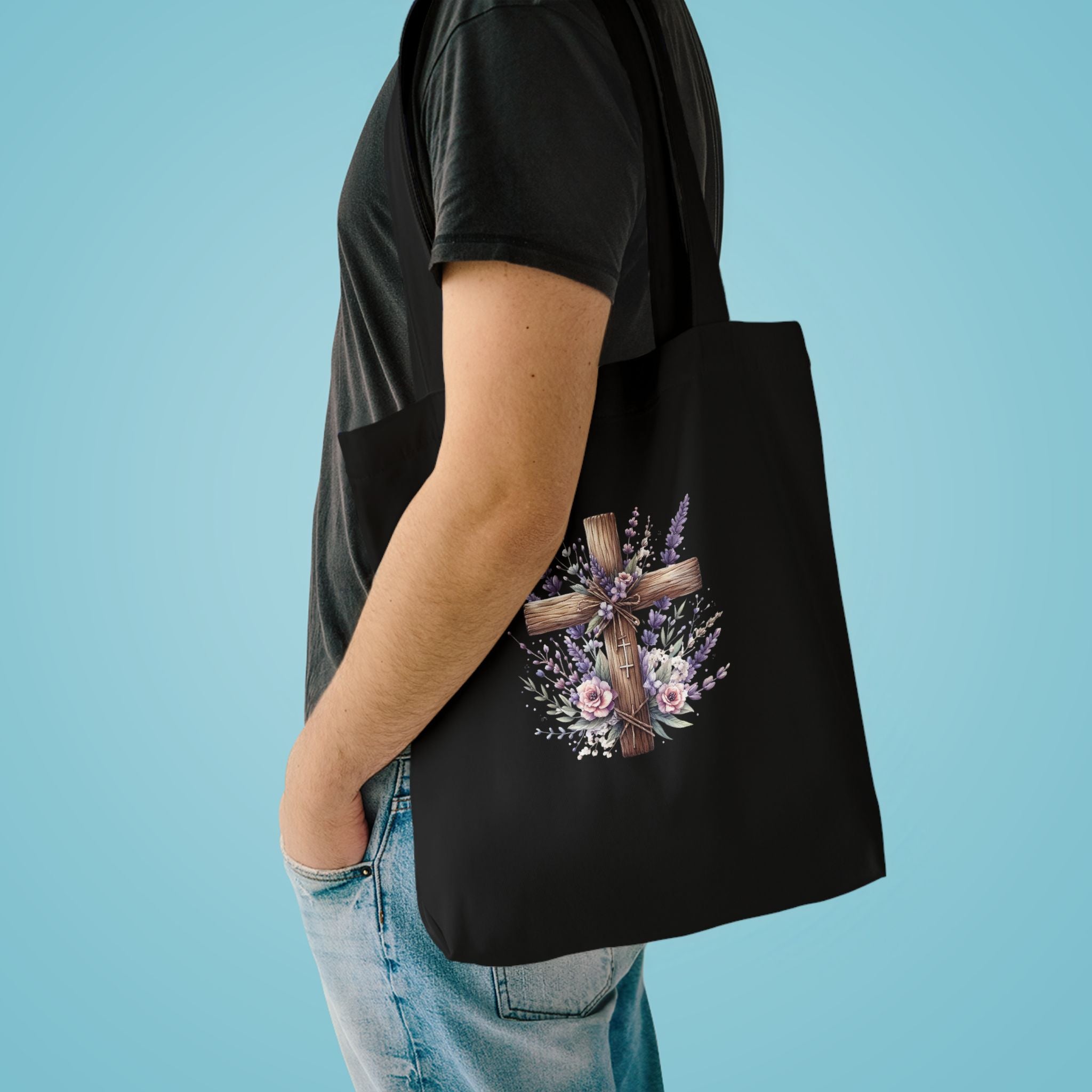 Floral Cross Cotton Tote Bag - Christian Easter Floral Grocery Tote