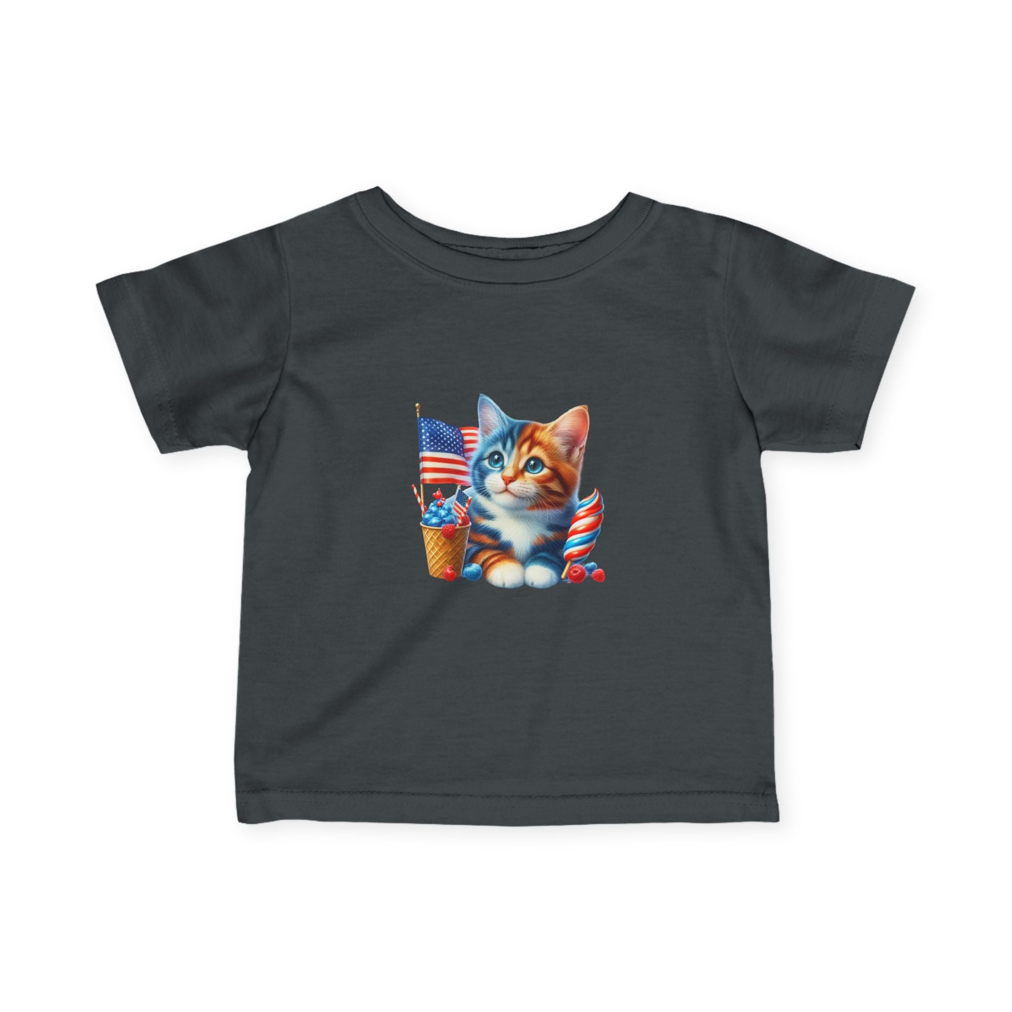 Infant Tee — Patriotic Kitten with Flags & Ice Cream (4th of July Baby Shirt)