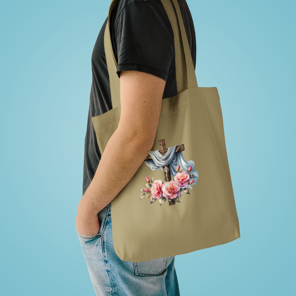 Religious Cross & Roses Cotton Tote Bag — Faith Floral Market Bag
