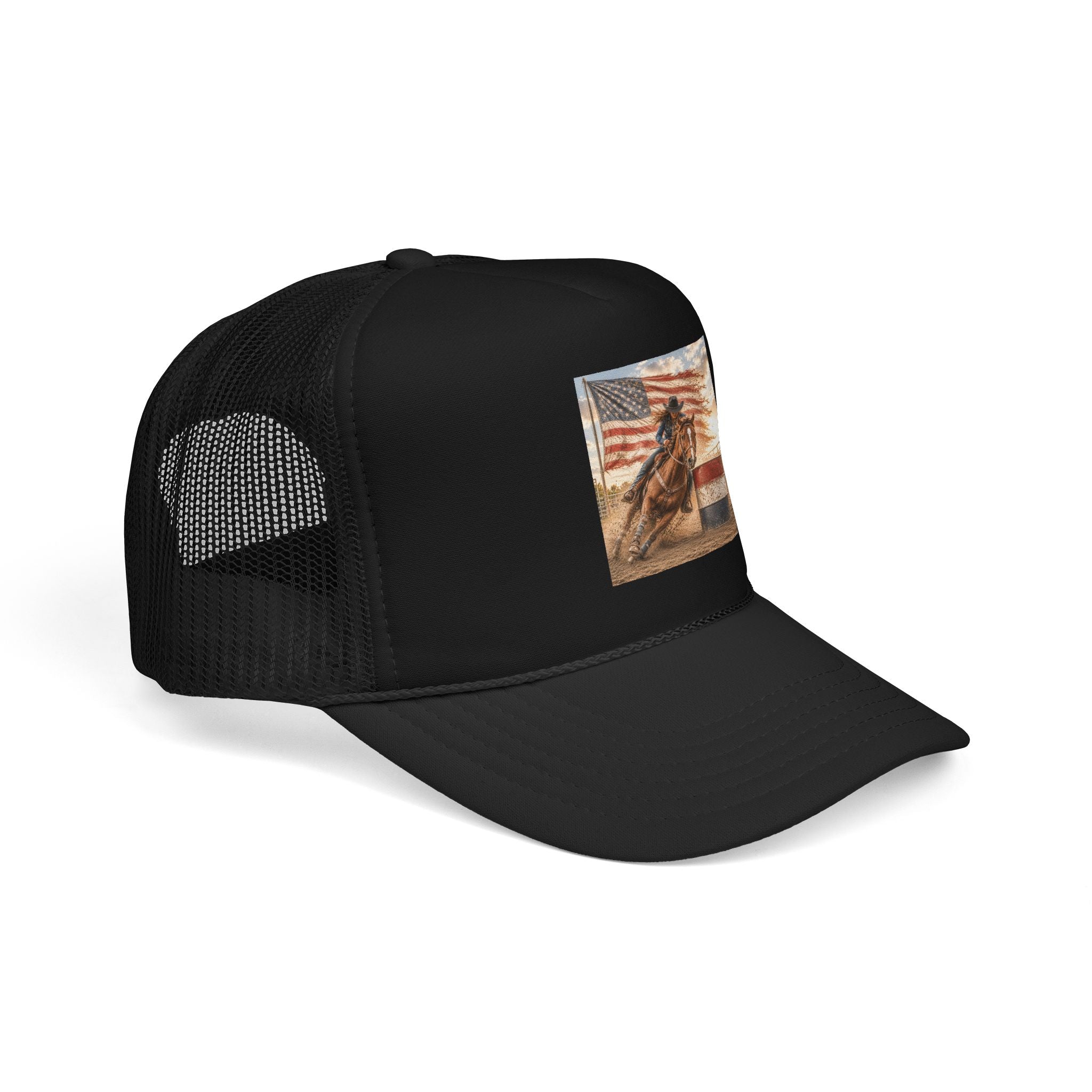 Western Rodeo Trucker Hat — Barrel Racing Horse with American Flag