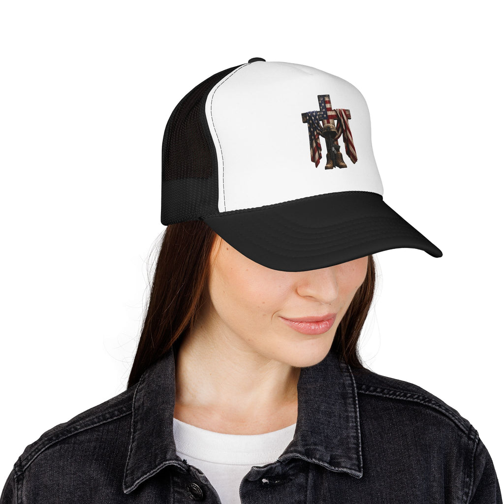 Trucker Hat — American Flag Cross with Soldier Memorial Design