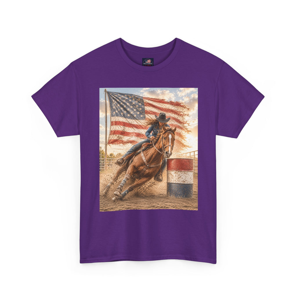 Patriotic Rodeo Barrel Racer T-Shirt — American Flag Horse Racing Tee