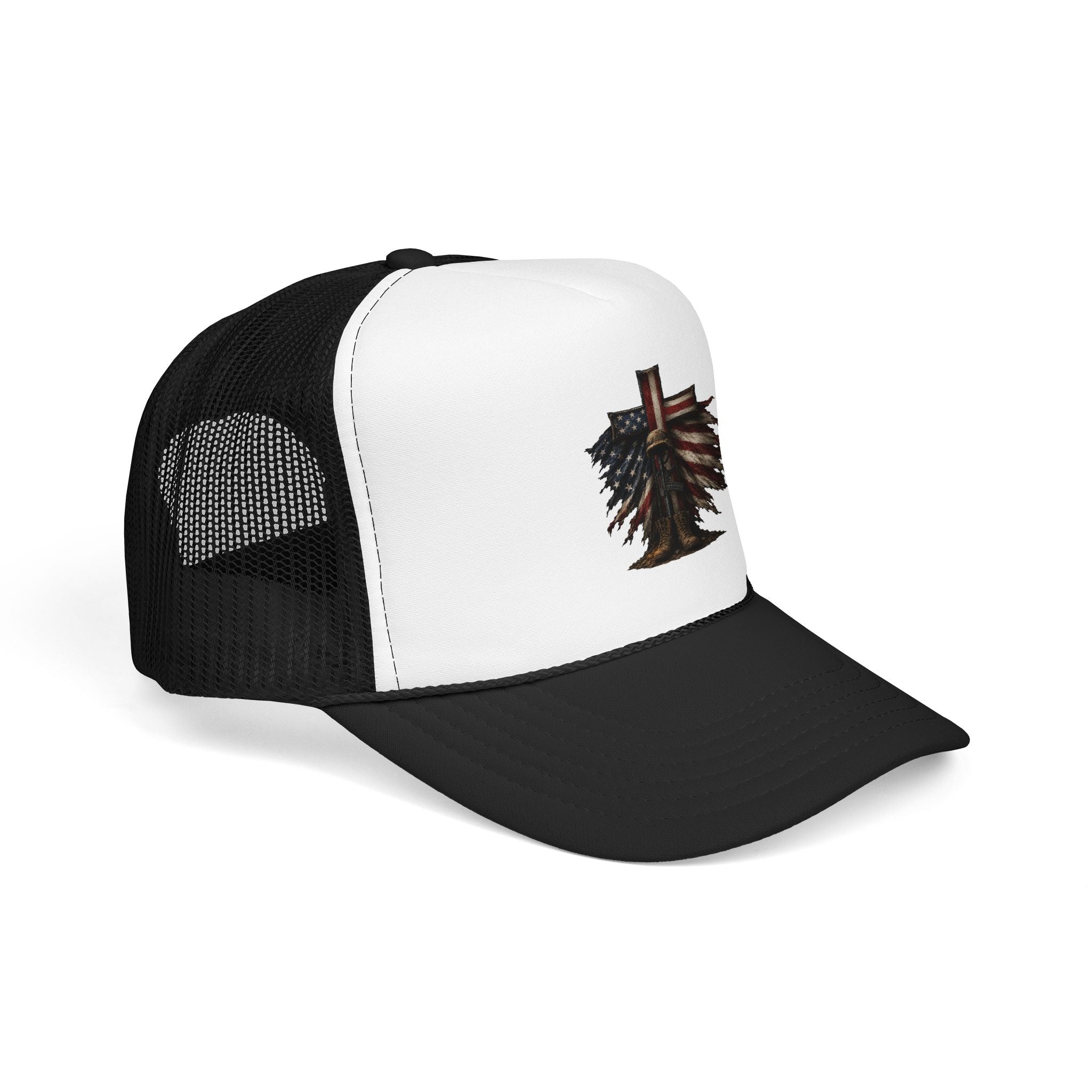 Patriotic Cross Trucker Hat — American Flag Feather Cross Foam Cap