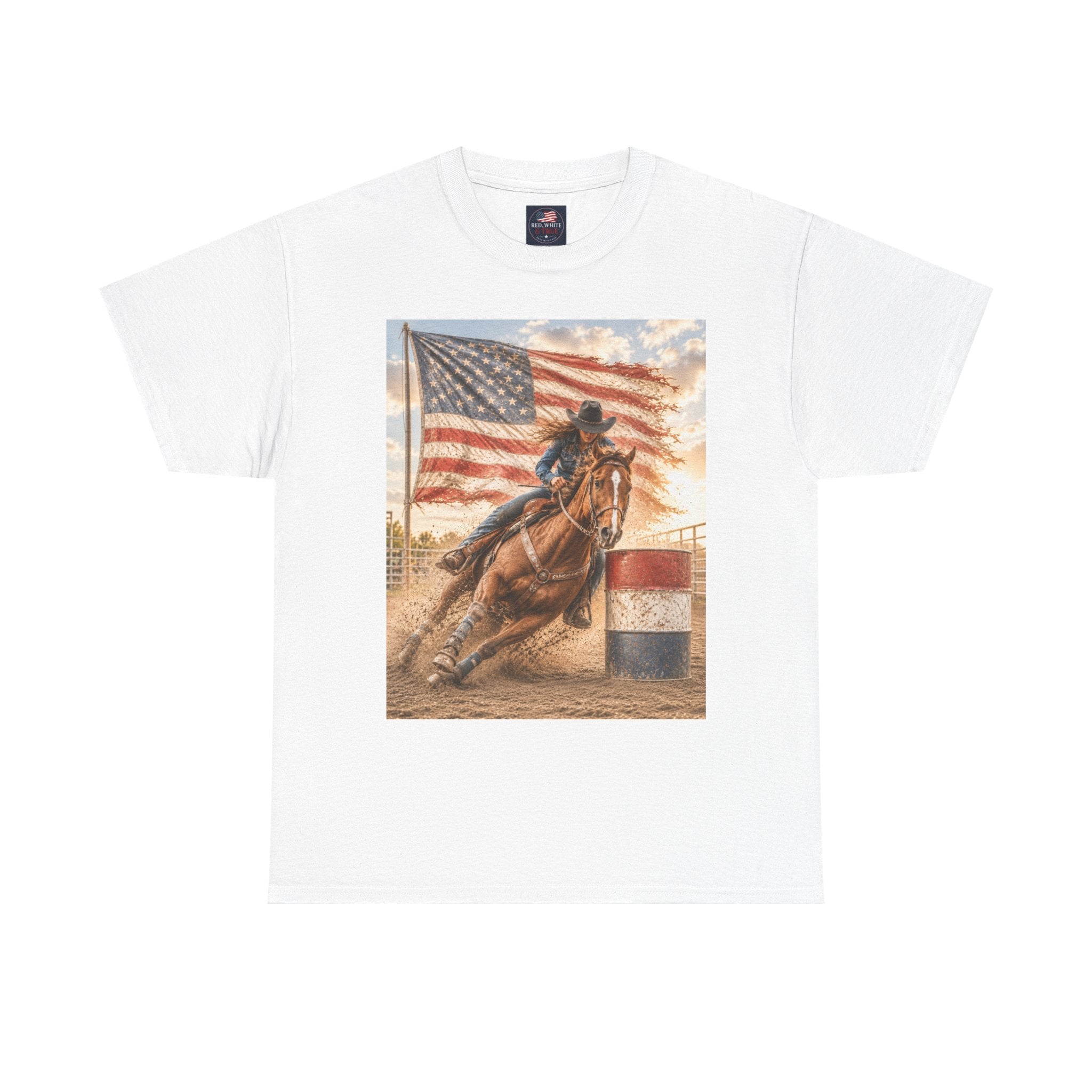 Patriotic Rodeo Barrel Racer T-Shirt — American Flag Horse Racing Tee
