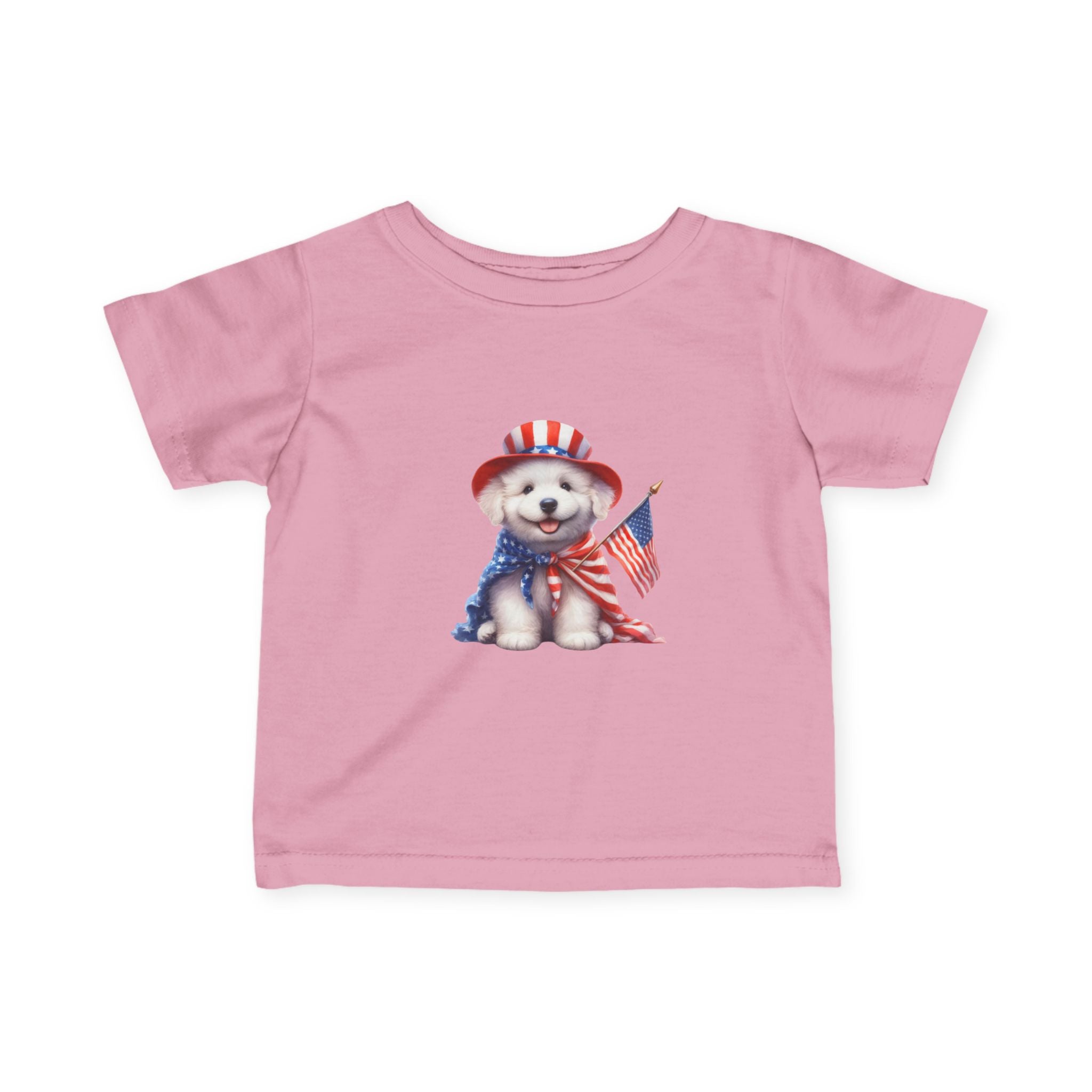 Infant Tee – Patriotic Puppy with American Flag (4th of July Baby Shirt)