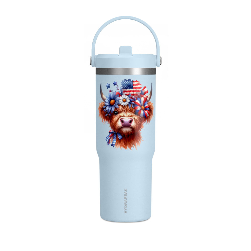 Patriotic Highland Cow 32oz Tumbler – Insulated Travel Mug with American Flag Floral Design