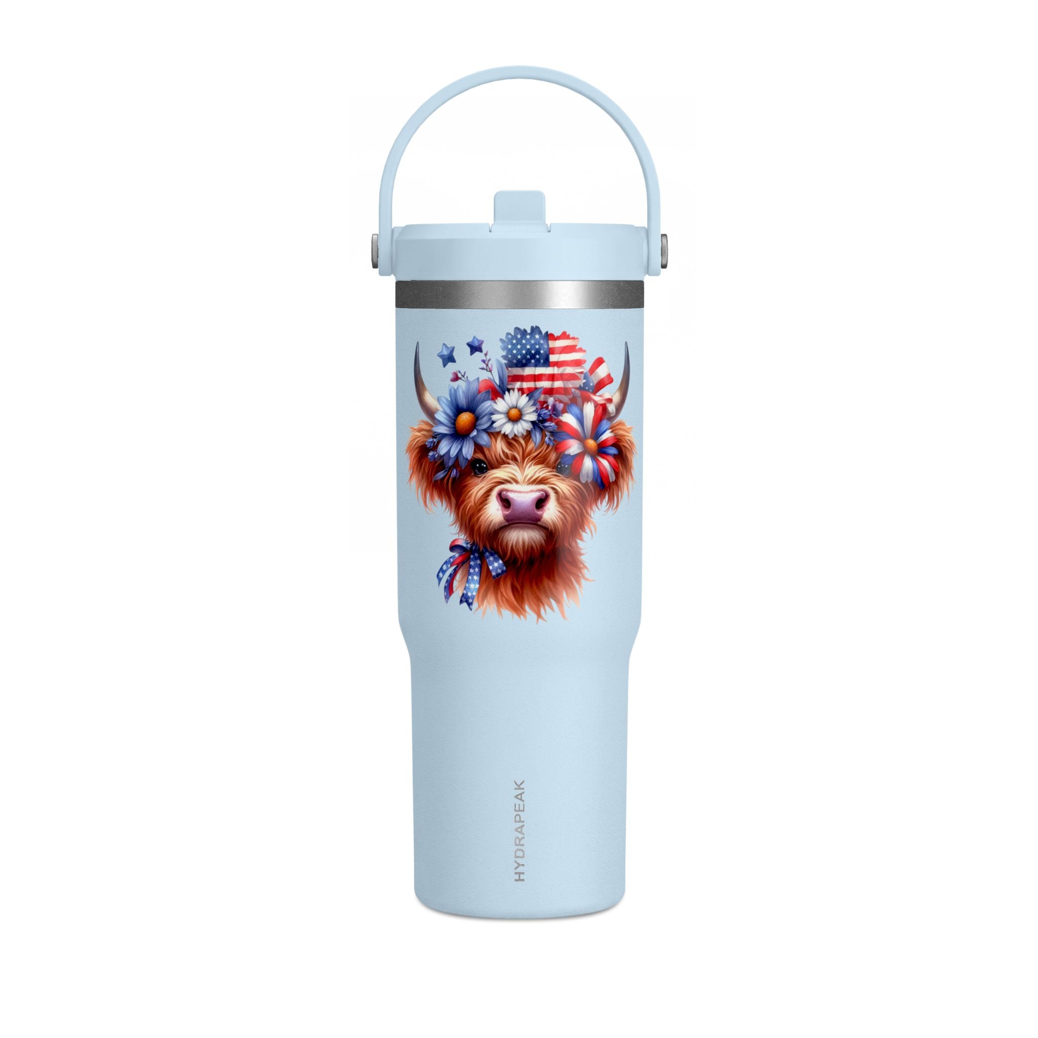 Patriotic Highland Cow 32oz Tumbler – Insulated Travel Mug with American Flag Floral Design