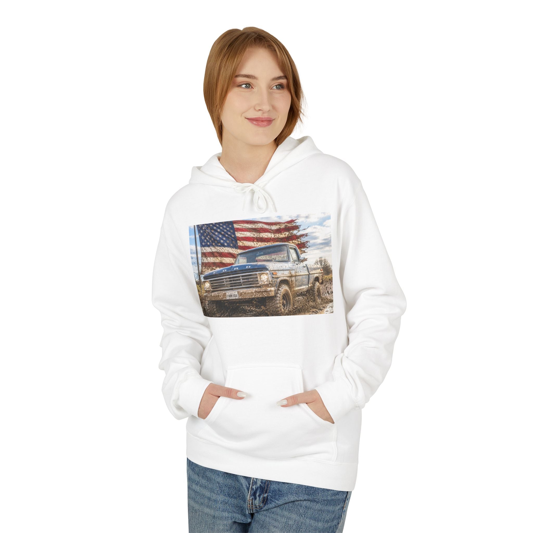 American Flag Vintage Truck Hoodie — Patriotic USA Pickup Sweatshirt