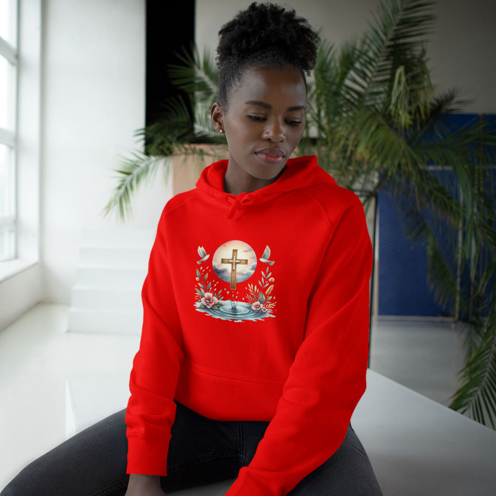 Christian Cross Floral Hoodie – Faith, Doves & Water Illustration