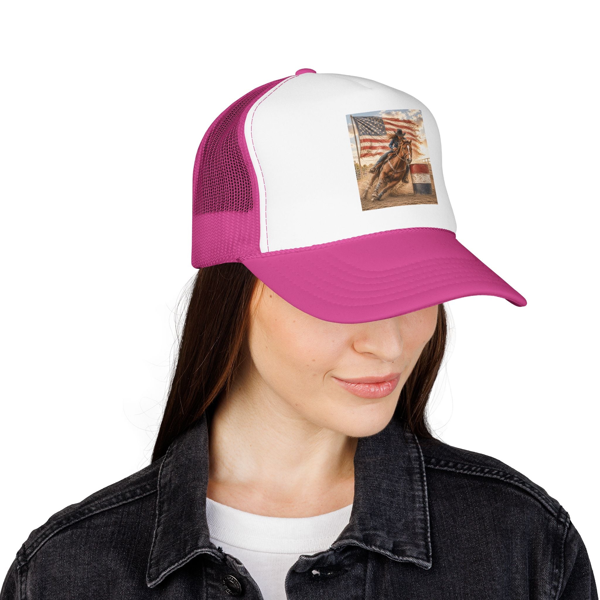 Western Rodeo Trucker Hat — Barrel Racing Horse with American Flag