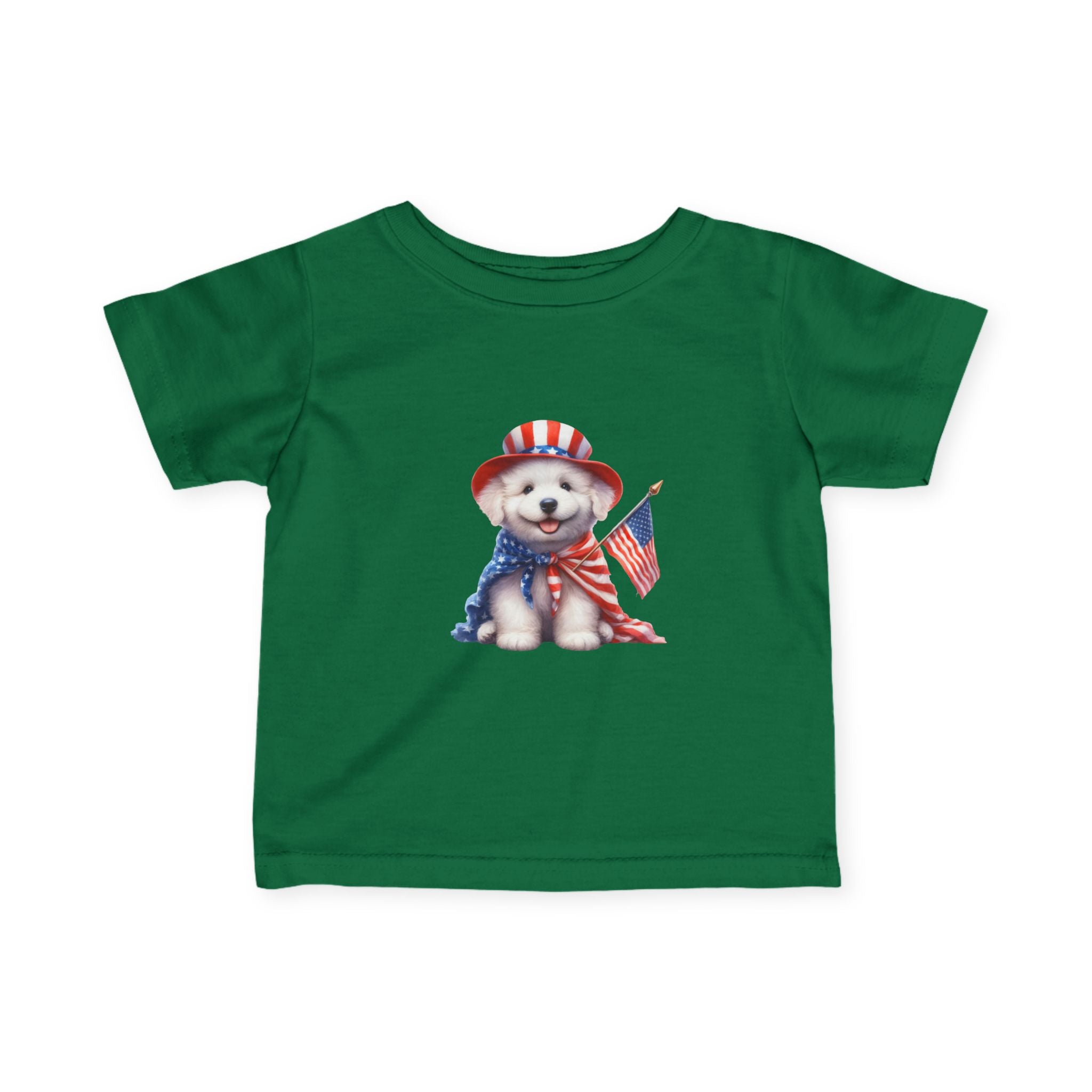 Infant Tee – Patriotic Puppy with American Flag (4th of July Baby Shirt)