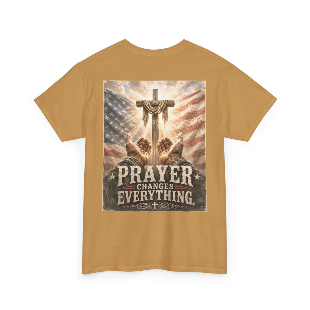 Prayer Changes Everything T-Shirt — Christian Faith Cross & American Flag Tee